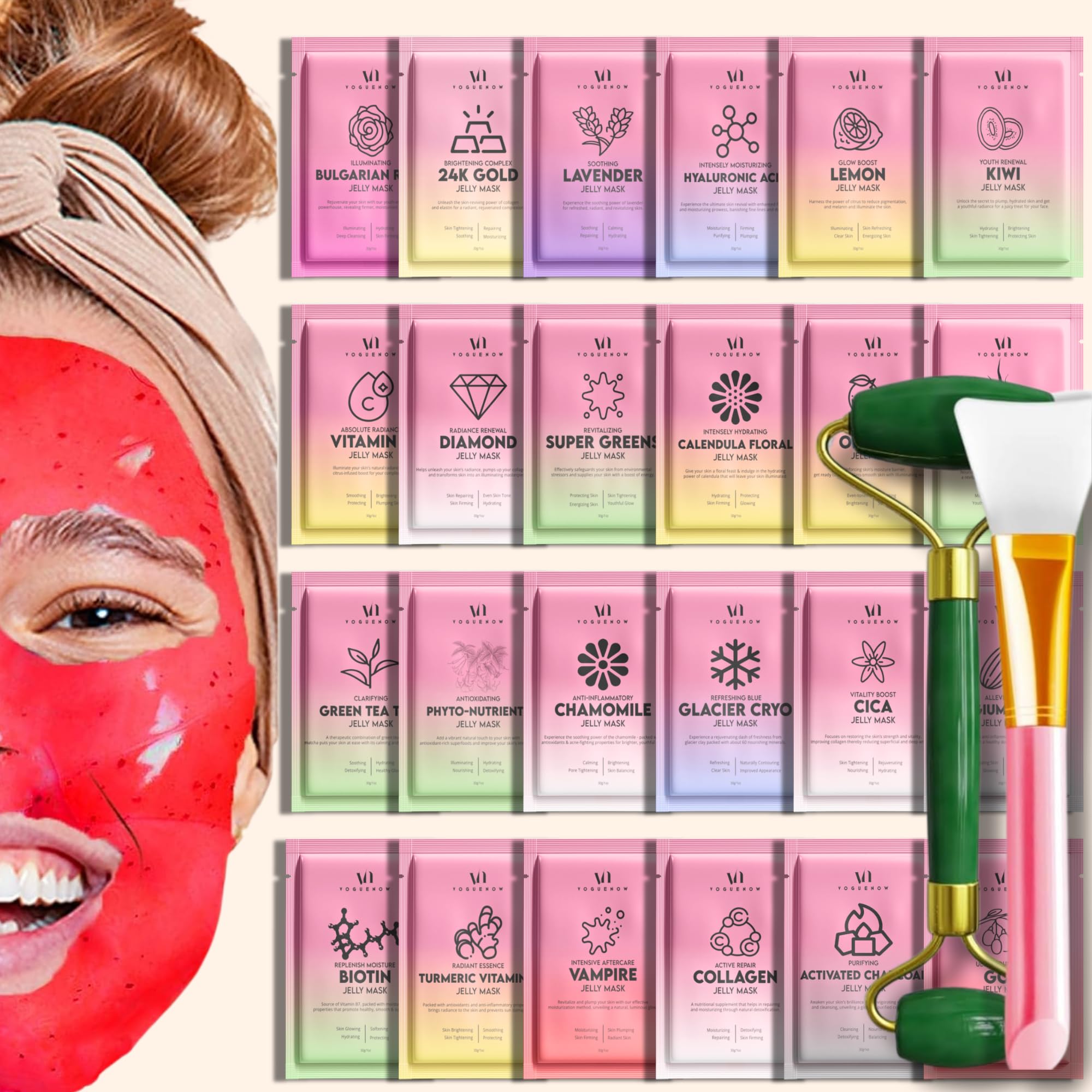 Jelly Mask for Facials - 24 Flavors Hydrating & Brightening Jelly Face Masks | Free Jade Roller & Spatula | Bulgarian Rose, Lavender, Hyaluronic Acid,