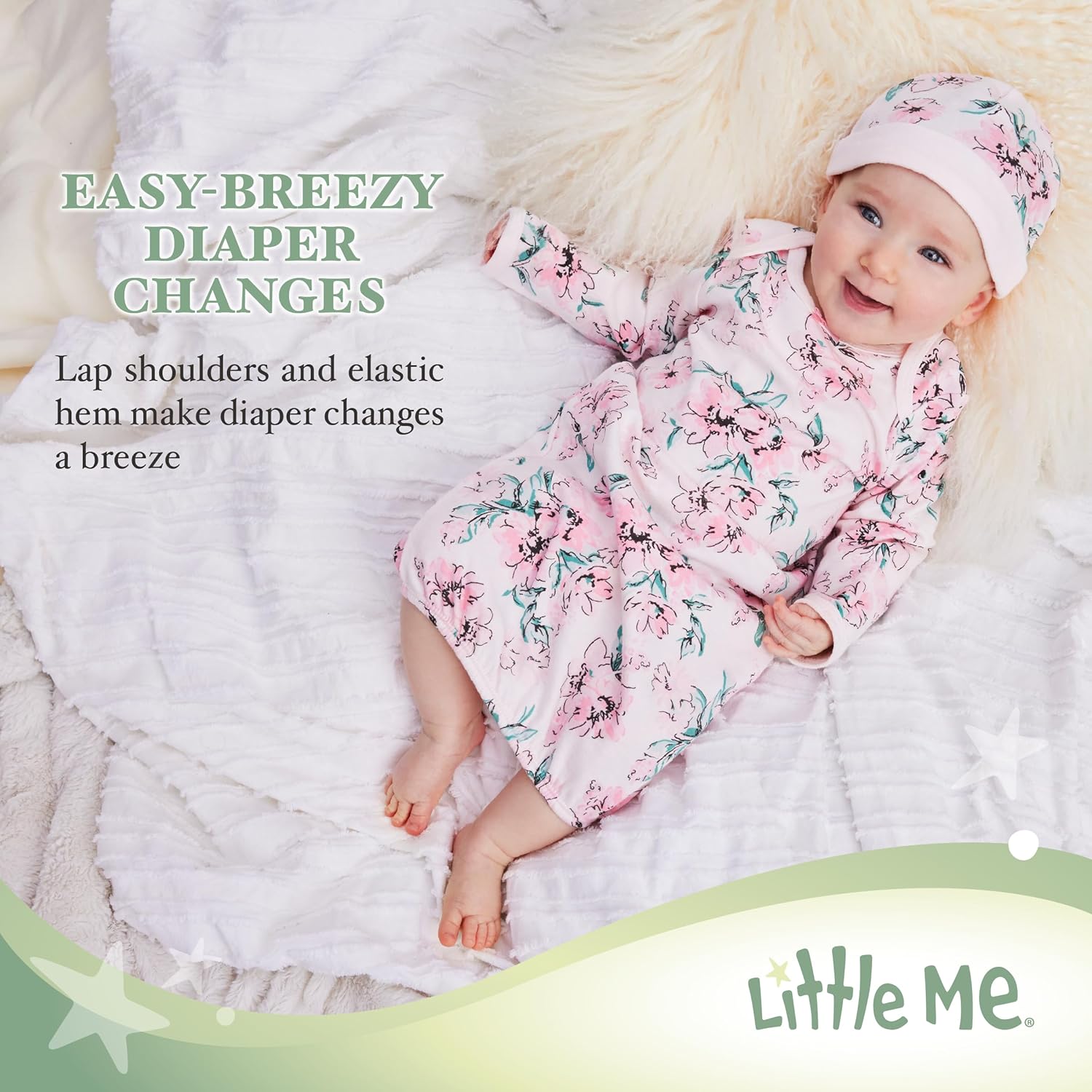 Little Me Clothes for Baby Girls' 2-Piece Nightgown and Cap Set 100% Cotton with Elastic Bottom, Baby Essentials, 0-3 Months - Image 3