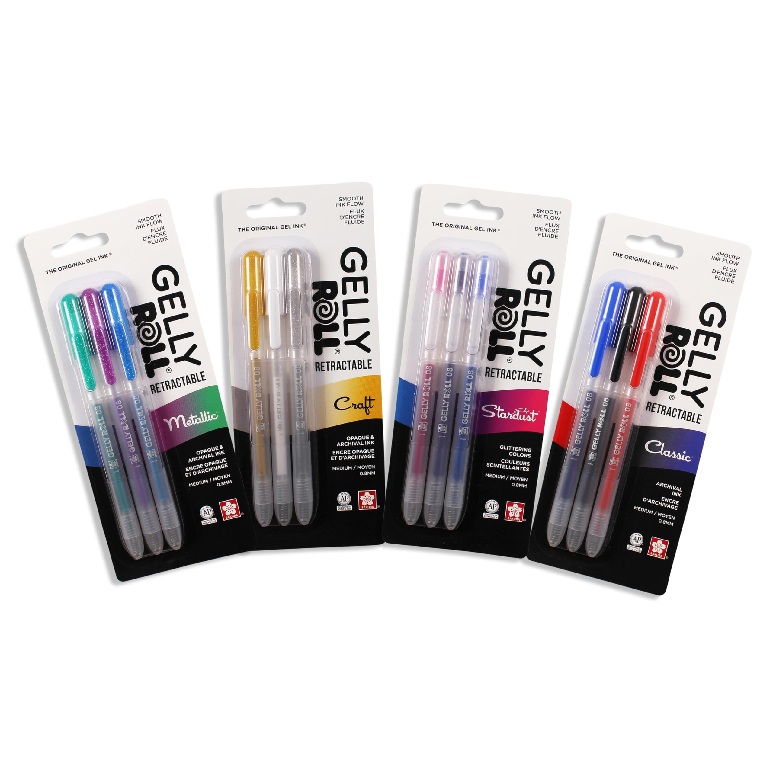 SAKURA Gelly Roll Retractable Gel Pens Colored - Classic, Craft, Stardust & Metallic - 08 Medium Point Ink Pen for Journaling, Art, or Drawing - Gel Pens with Assorted Colored Ink - 12 Pens