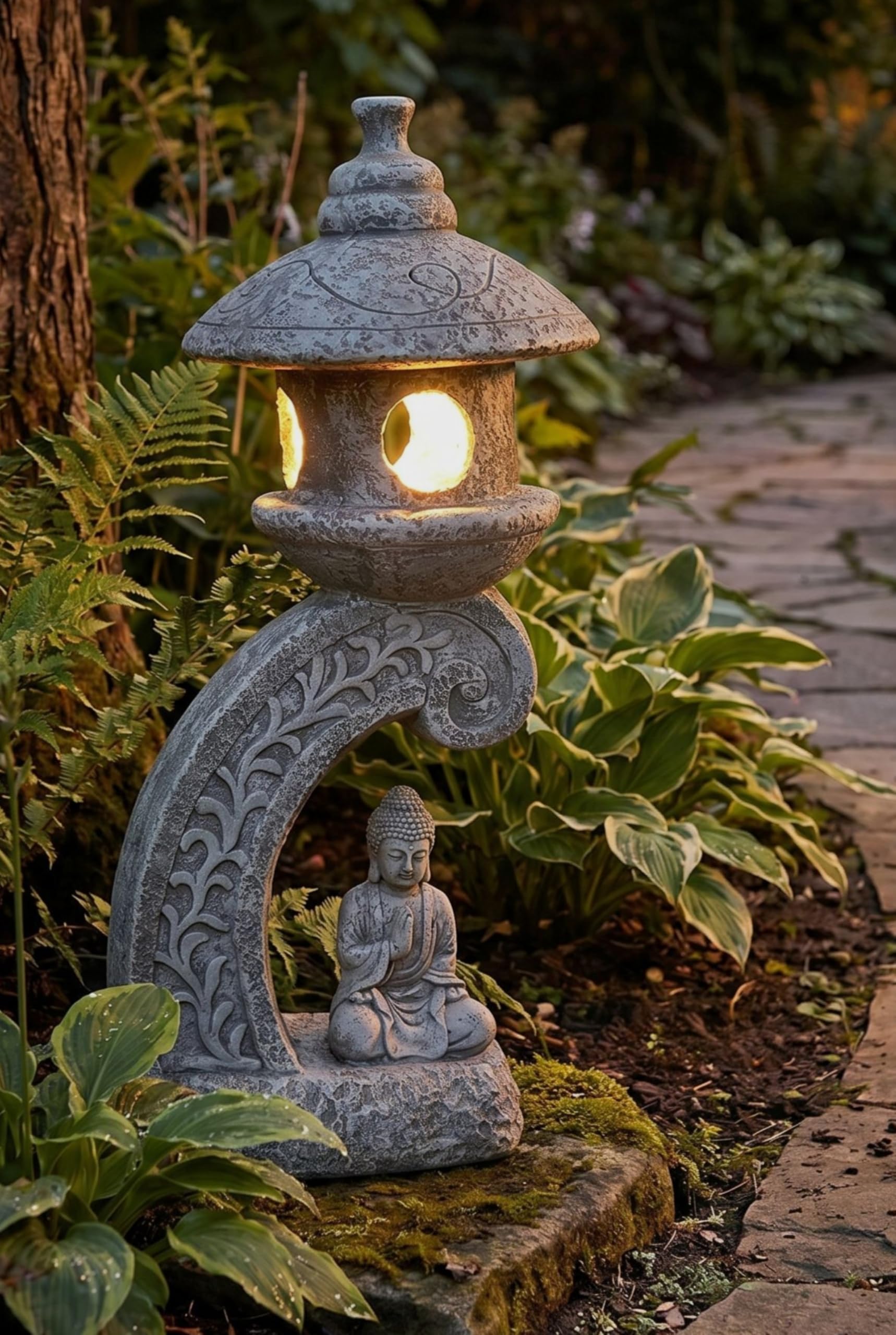 Arnusa Lampe solaire de jardin pagode 60 cm - Lampe de jardin LED aspect pierre avec Bouddha - Blanc chaud - Lanterne solaire pour jardin, terrasse et étang