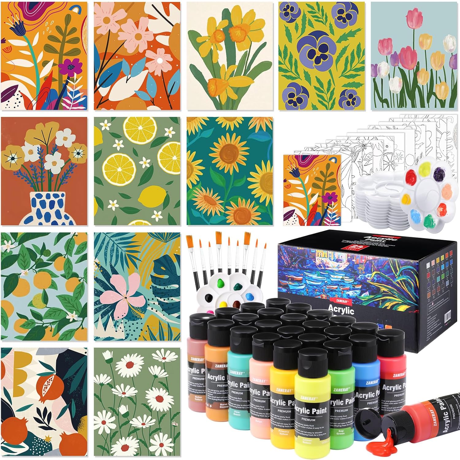 AmazingSpark 12 Set Paint and Sip Kit for Adults 8"x 10" Pre Drawn Canvas for Painting DlY Acrylic Paint Set with Brushes, 24 Colors(60ml, 2oz) for Date Night Party Supplies (Art Flowers)