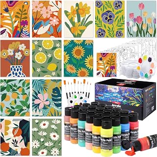 AmazingSpark 12 Set Paint and Sip Kit for Adults 8"x 10" Pre Drawn Canvas for Painting DlY Acrylic Paint Set with Brushes, 24 Colors(60ml, 2oz) for Date Night Party Supplies (Art Flowers)
