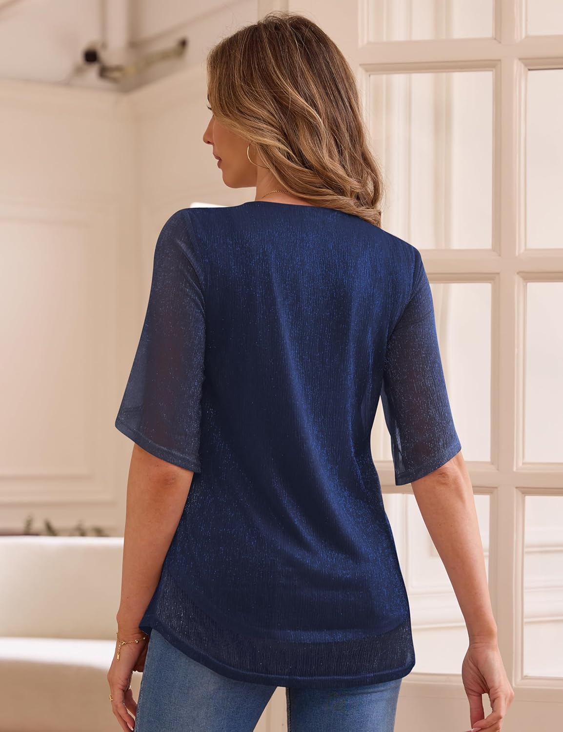 Traleubie Women's Short Sleeve Sparkly Glitter Blouse Double Layer Mesh Top for Parties, Evening Wear, Everyday Style, S-XL - Image 5