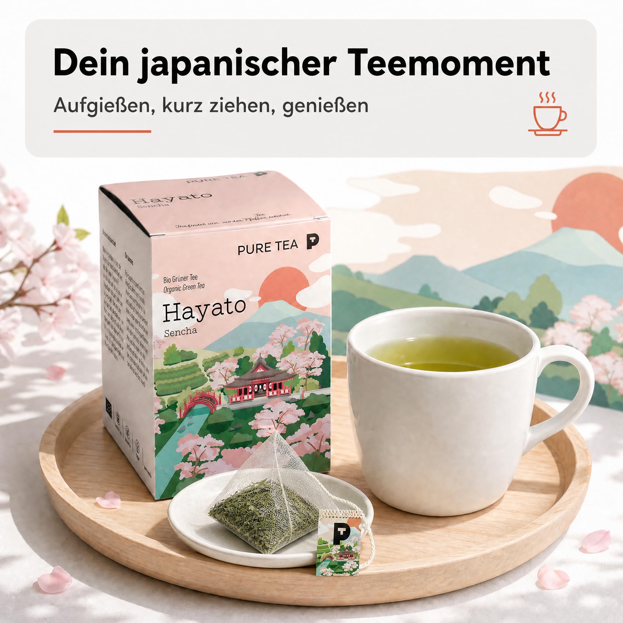 6 x Pure Tea Grüner Tee Sencha Hayato, japanischer Grüntee im Kissenbeutel, 15 Beutel à 3 g, Premiumqualität, Dispenserbox, frisch-duftiges Aroma
