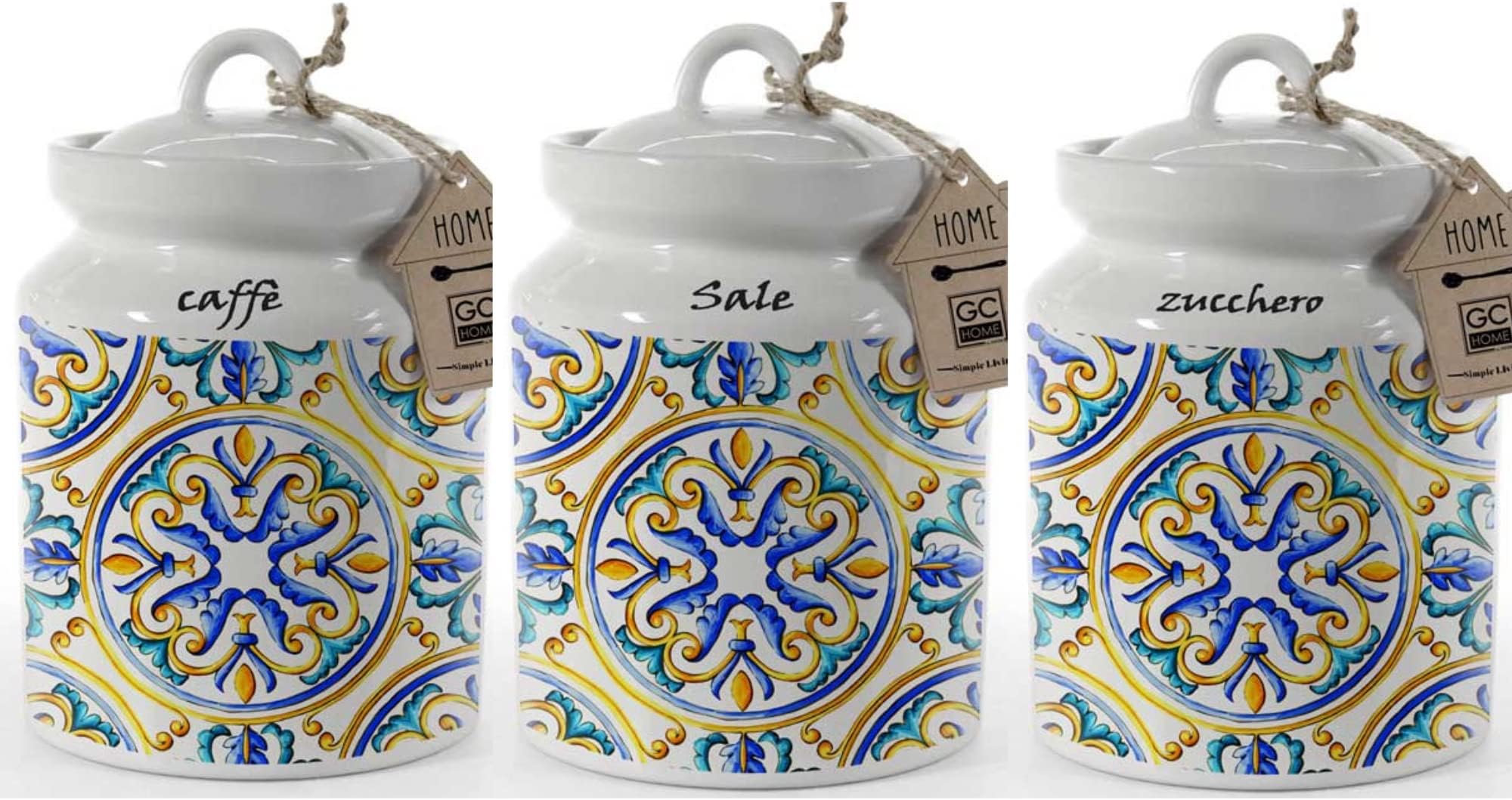 Set Di 3 Barattoli In Ceramica Con Coperchio In Legno - Ideali Per Sale, Zucchero E Caff&egrave;