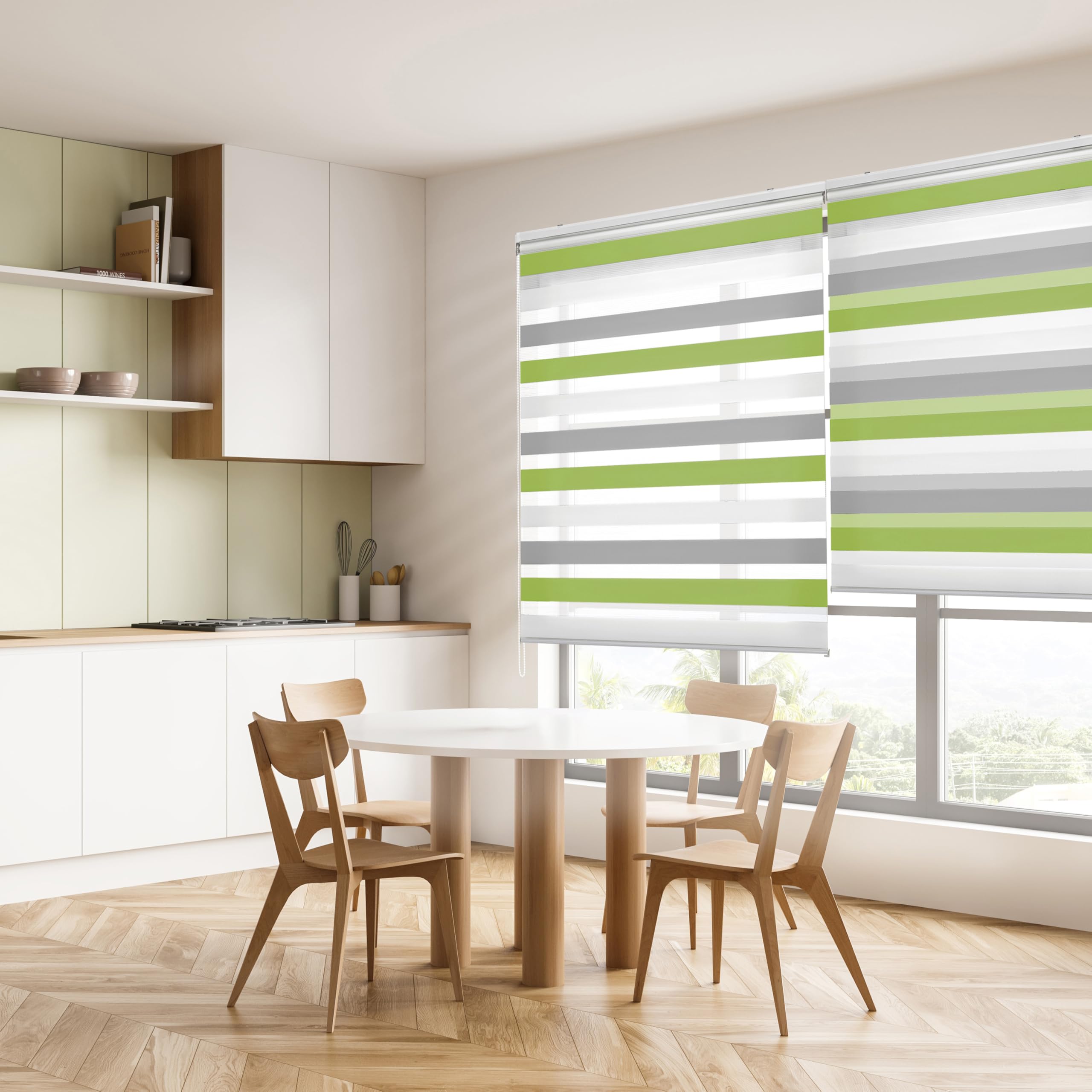 Blindecor Lira duo rollo tag und nacht , tricolor Grau, Pistaziegrün, Weiß - 120 x 180 cm (Breite x Länge). Stoffgröße 117 x 175 cm. Doppelrollo für fenster
