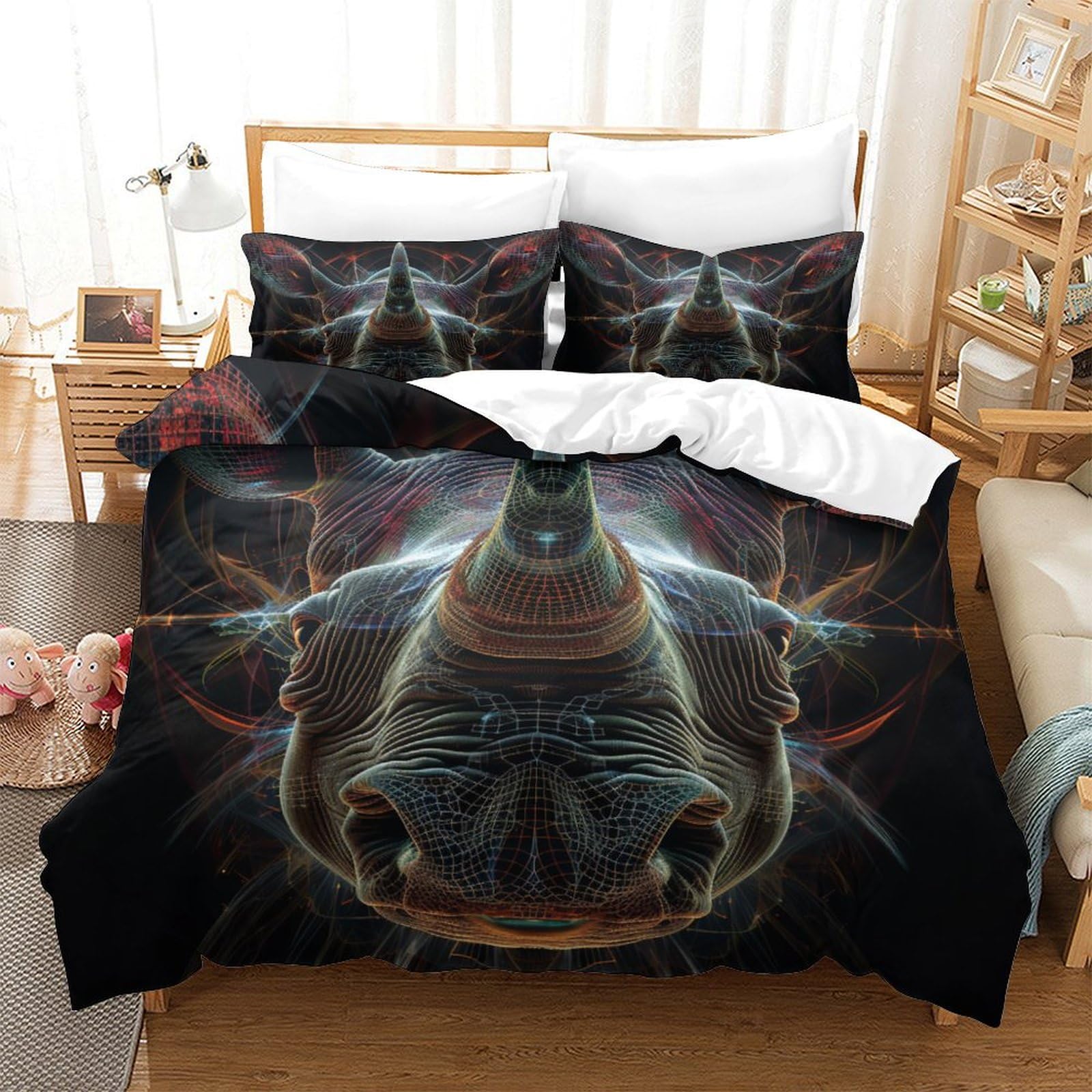 P1S9U7W5Y Vivid Fantasy Animal 3D Printed Rhino Duvet Cover Set 3 Pieces Microfiber Bedroom Decor Rhino Bedding Set Soft Breathable for Adults Youth Gift King（220x240cm）