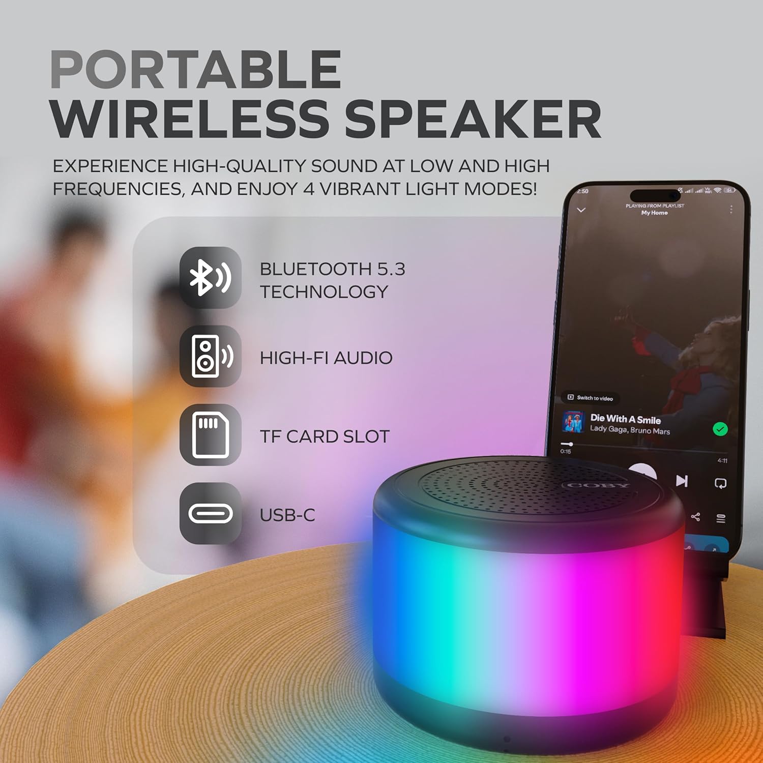 Coby True Wireless Portable LED Speaker – Bluetooth 5.2, 3W Stereo Sound, TWS Pairing, FM Radio, TF Card Support, USB-C Rechargeable, 8 LED Light Modes – Compact & Travel-Friendly