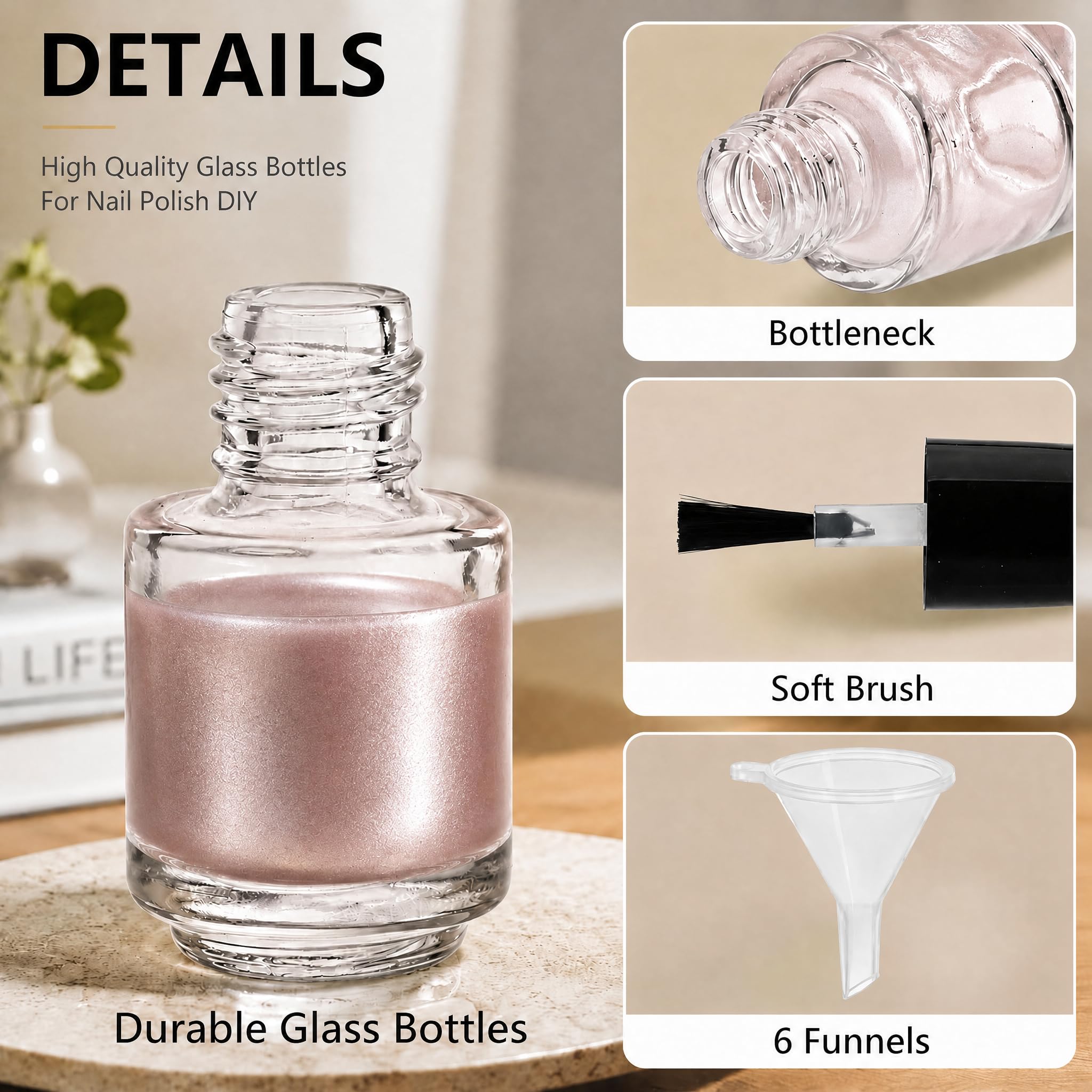 ZENFUN Lot de 50 flacons de vernis à ongles vides de 5 ml avec bouchon pinceau, récipients transparents pour vernis à ongles avec 6 entonnoirs en vrac, flacons rechargeables en verre pour nail art