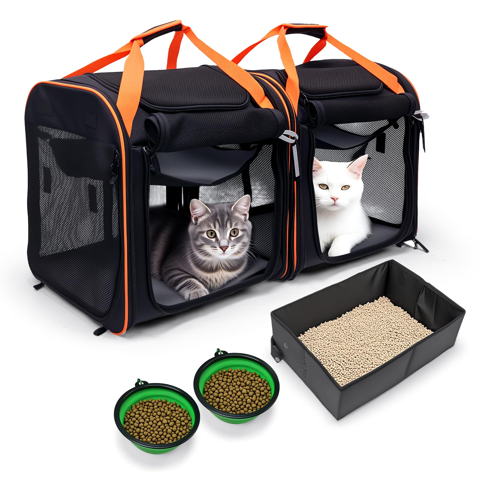 Large Cat Carrier 2-in-1 with Litter Box & Bowl, Portable Cat Carrier Hard for 2 Cats, Double Cat Travel Carrier with Safety Locking Zippers, Ideal for Long Distance Trips, Outdoor Adventures