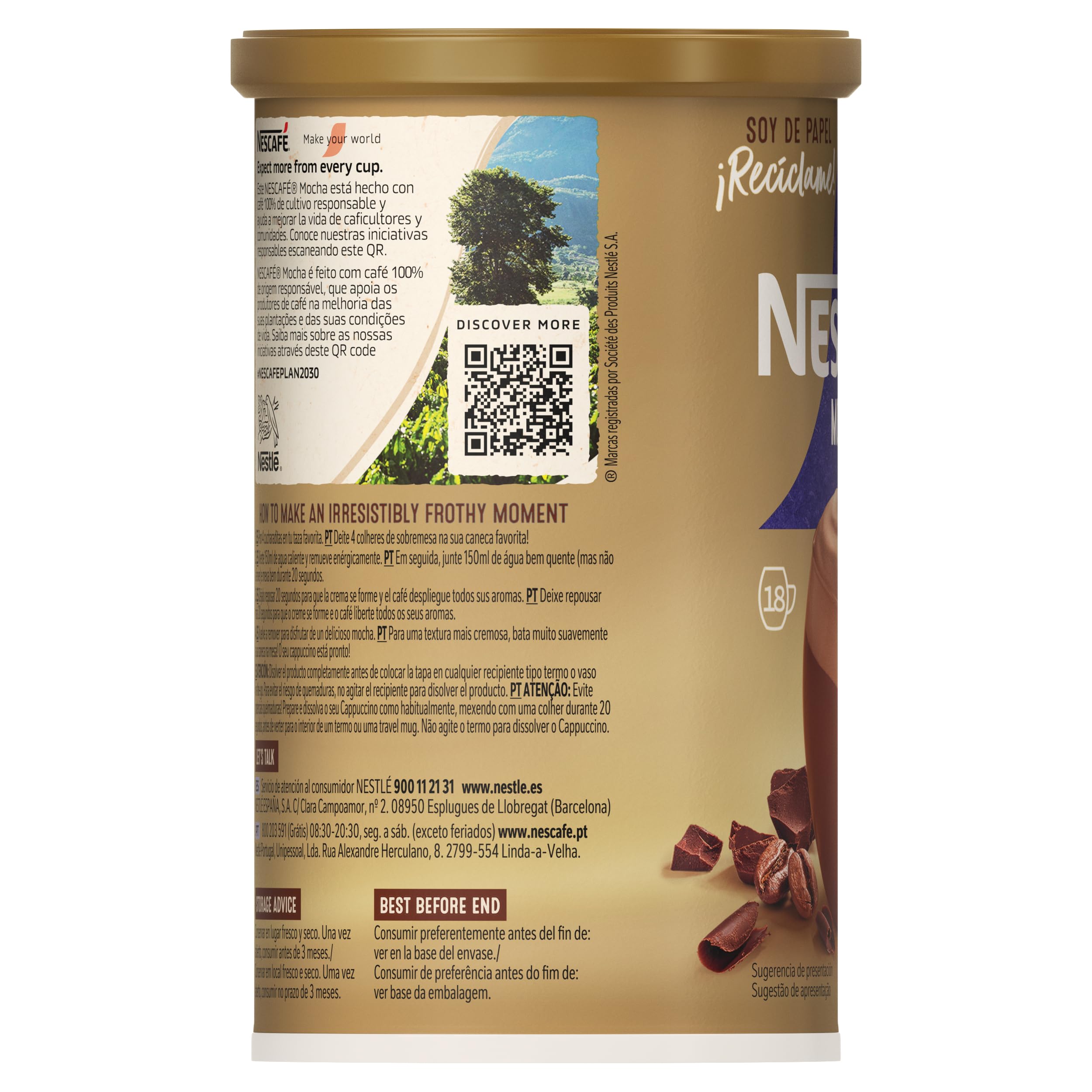 Nescafe MOCHA bote de café soluble con sabor a delicioso a chocolate 306g