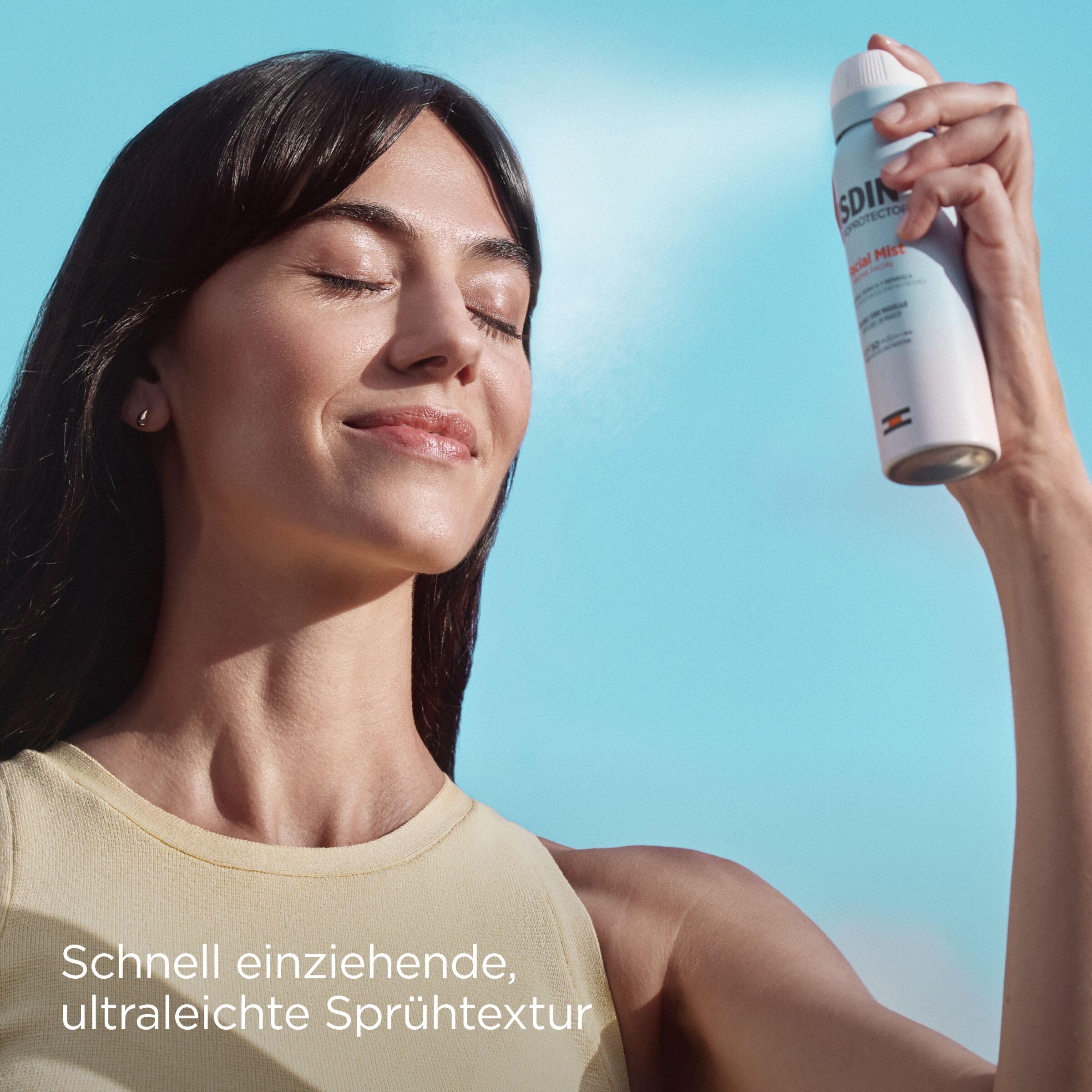ISDIN Facial Mist SPF 50 (100 ml) | Ultradünner und unsichtbarer Sonnennebel für Gesicht | schützt, befeuchtet und fixiert das Make-up | Strahlender Haut-Effekt | wasserabweisend | geeignet für
