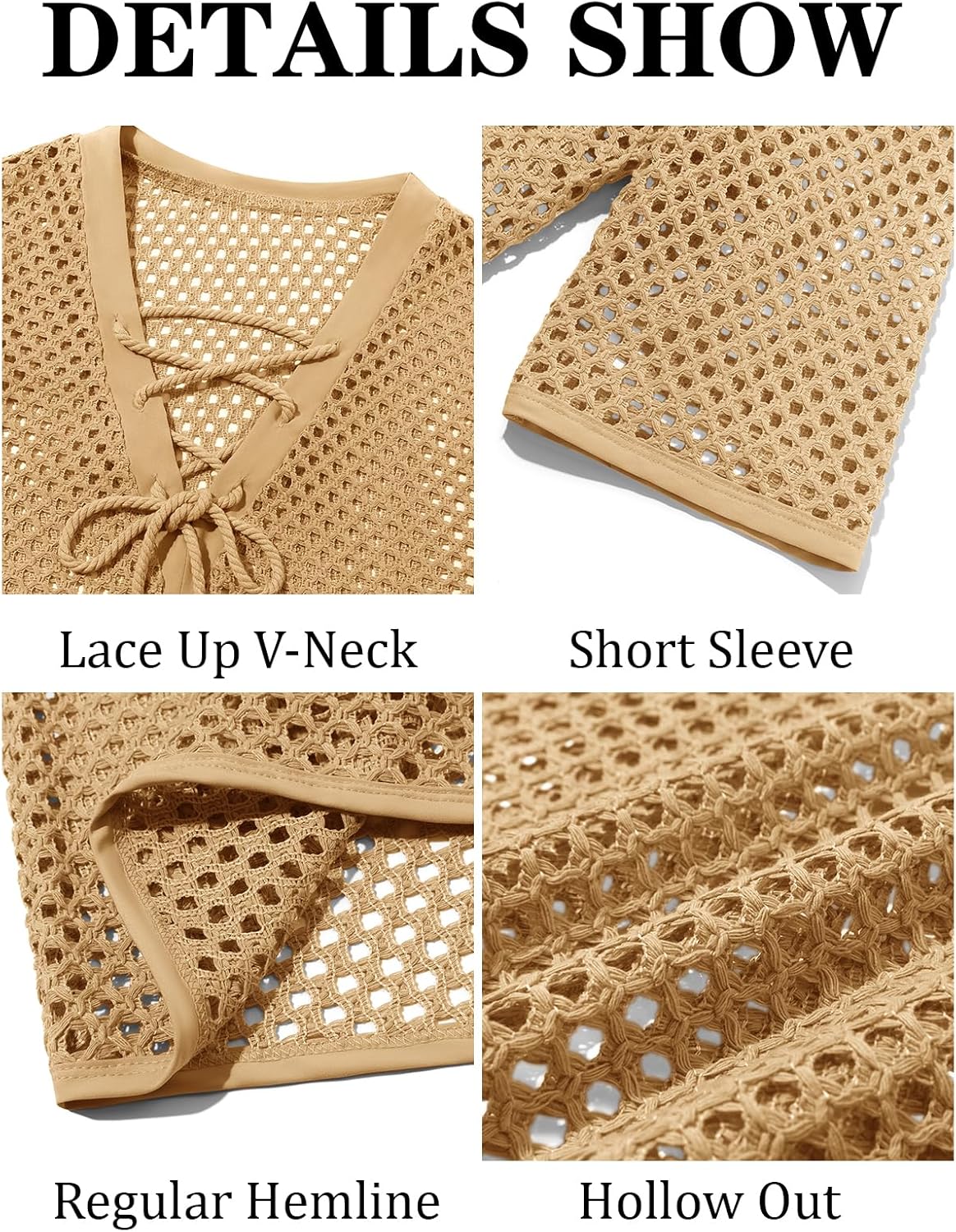 Runcati Mens Lace Up Beach Shirts Hollow Out V Neck Half Sleeve T Shirts Knit Crochet See Through Summer Tops - Image 5