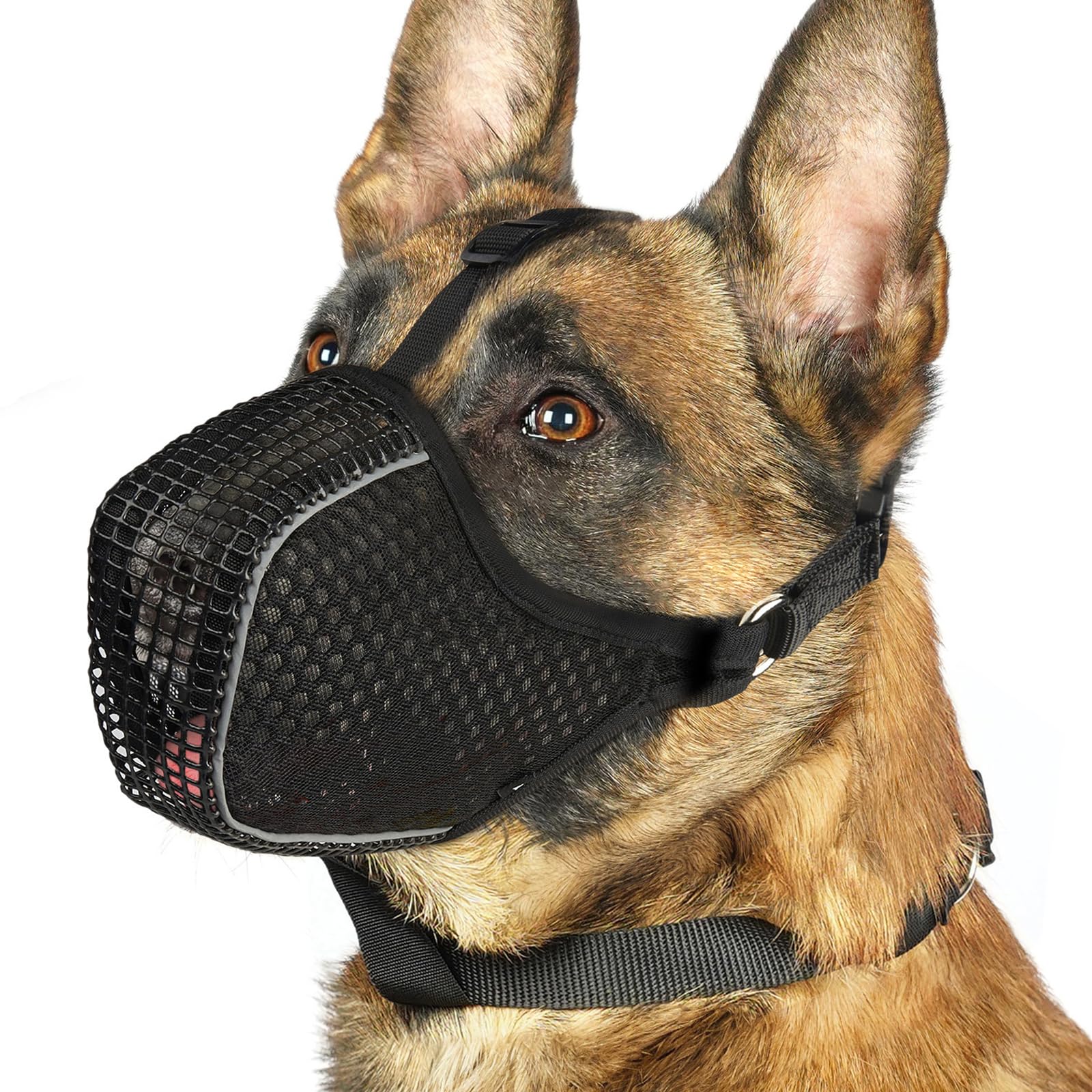 Mayerzon Dog Muzzle, Mesh Reflective Muzzle for Small Medium Large Dogs in Nighttime Walks, Soft Fully Closed Mouth Guard Anti Biting Scavenging Chewing, Allows to Pant and Drink