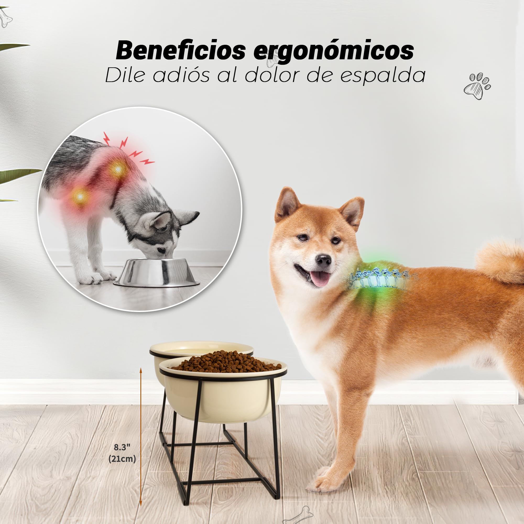 AHX Comedero Perro Elevado Bebedero Perros-Cuenco Perro Doble Ceramica con Soporte Antideslizante-Comederos Elevados para Perros-Set de Bol Comida y Agua para Perros Medianos y Grandes-2 x 1600 ml