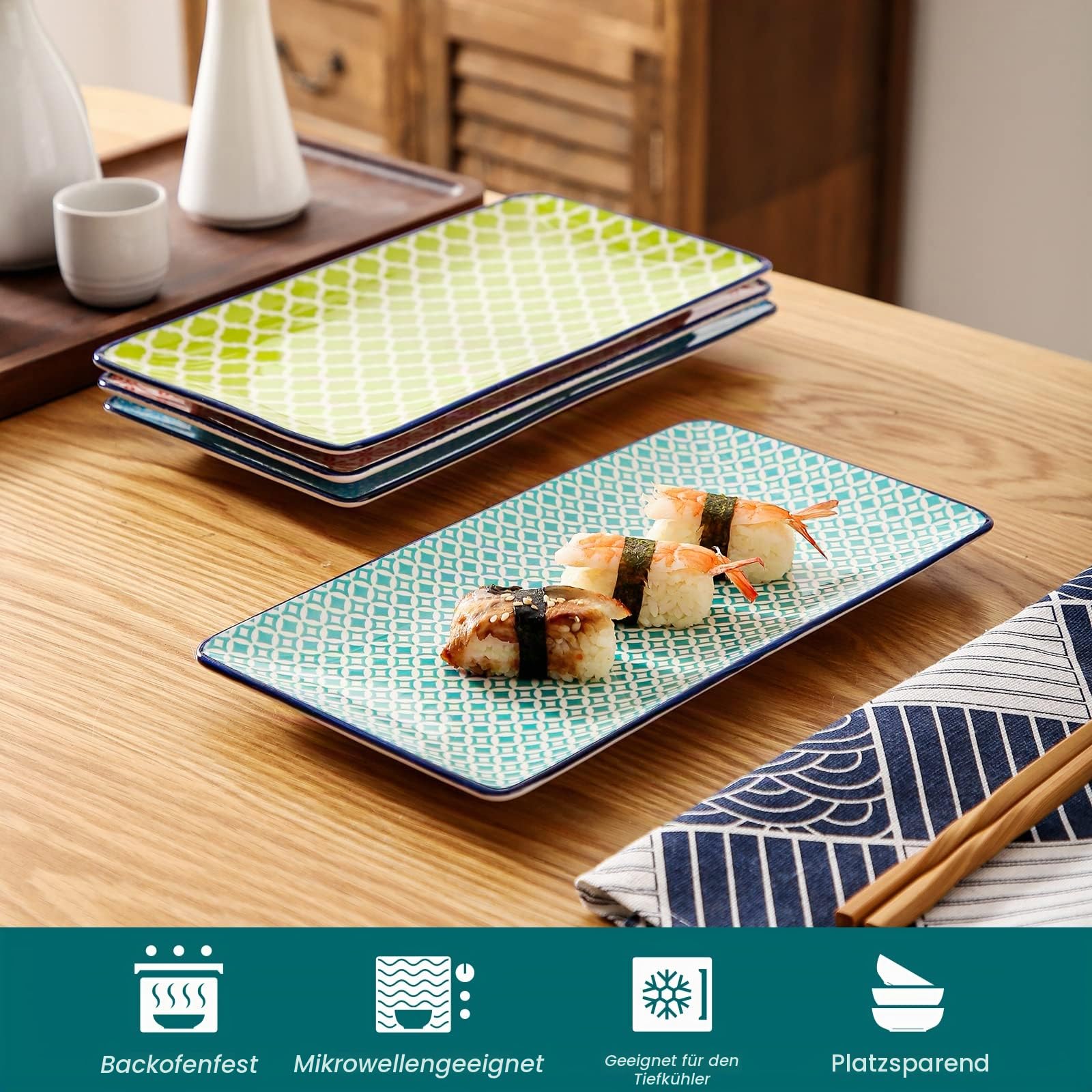 vancasso Servierplatten aus Porzellan, Serie MACARON – 4-teiliges rechteckiges Teller-Set (26,8 x 14,7 x H 2 cm), spülmaschinenfest, ideal für Party-Fingerfood, Tapas und Kuchenstücke