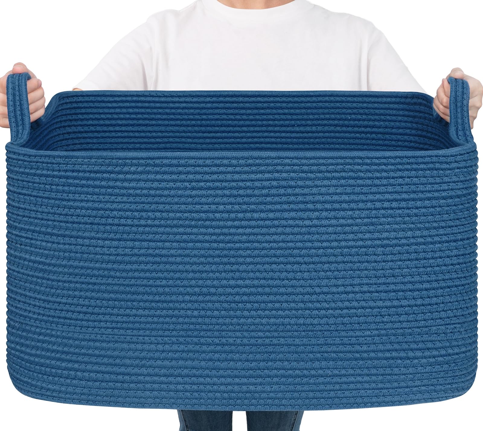 Goodpick Large Woven Rope Blanket Basket, Rectangle, Dark Blue | 21.6'' x 14.9'' x 11.8'' Storage Basket for Blankets &amp; Toys, Living Room, Bedroom &amp; Nursery Organization, Reinforced Handles