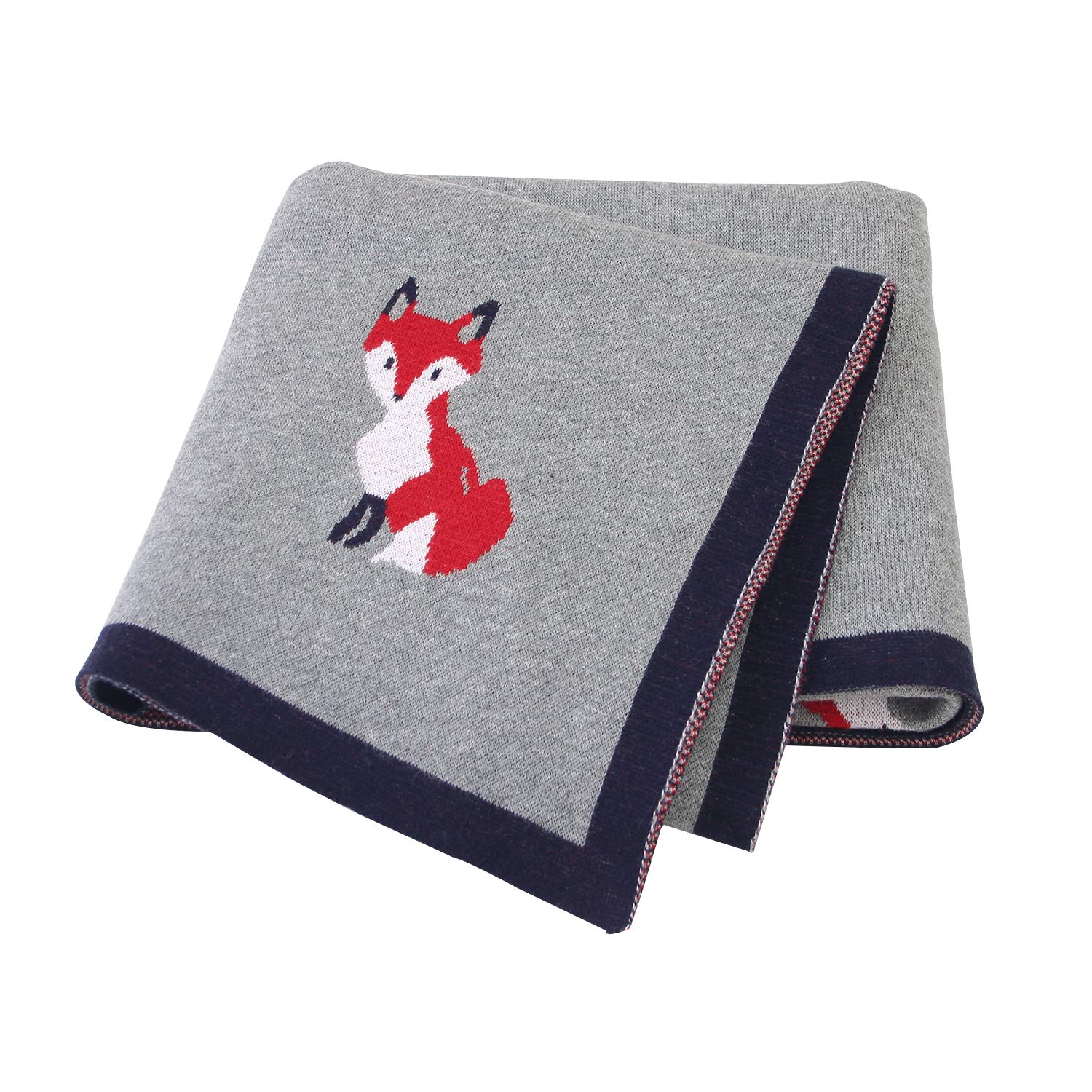 DovFanny Baby Blanket 100% Cotton Cute Cartoon Fox Knit Soft Cozy Lightweight Warm Blanket for Newborn Baby 80×100 cm Grey