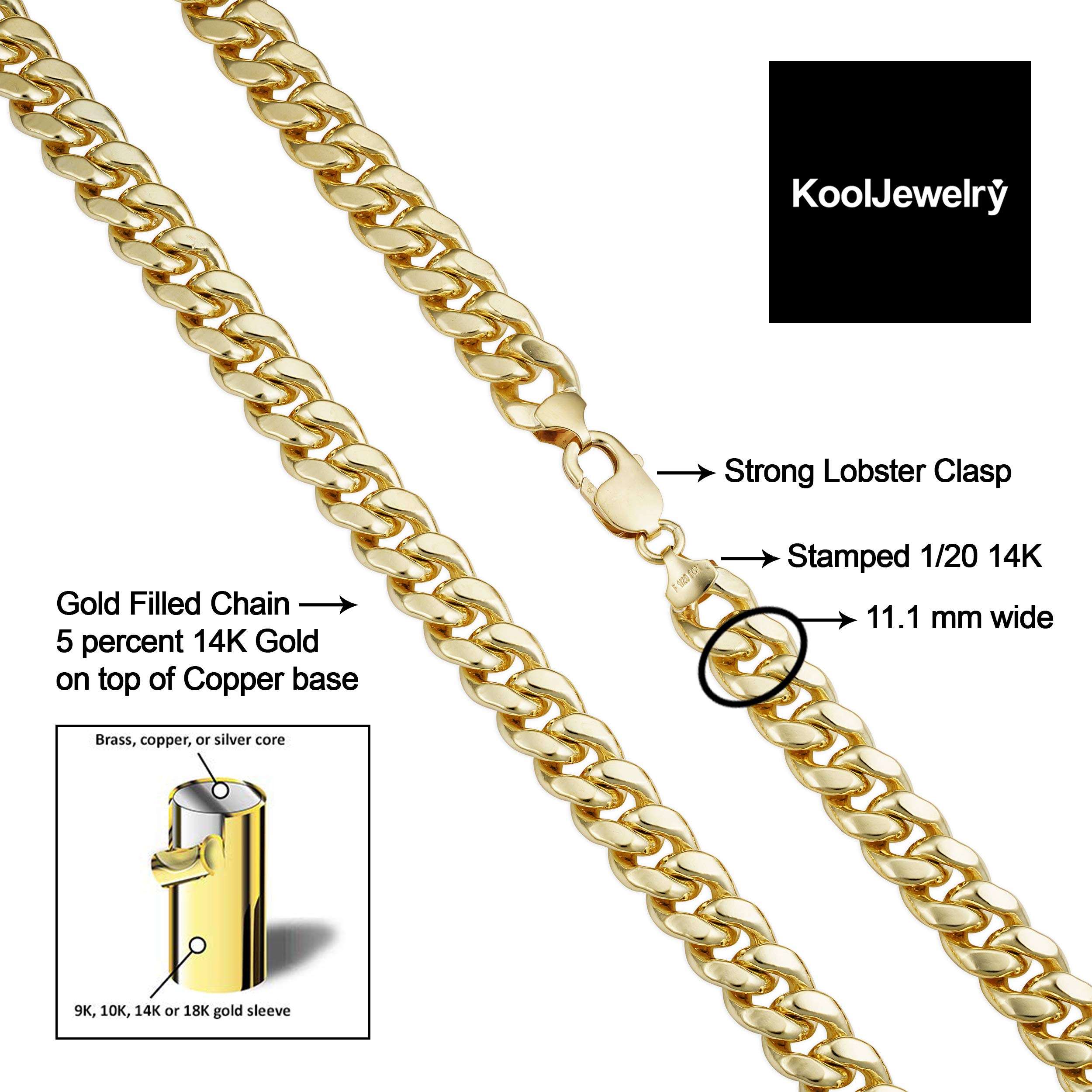 Miami - Catena a maglie cubane in oro 14 carati, 11,1 mm (61 o 66 cm) | Gioielli a maglie grandi da uomo, Metallo, Non conosciuto