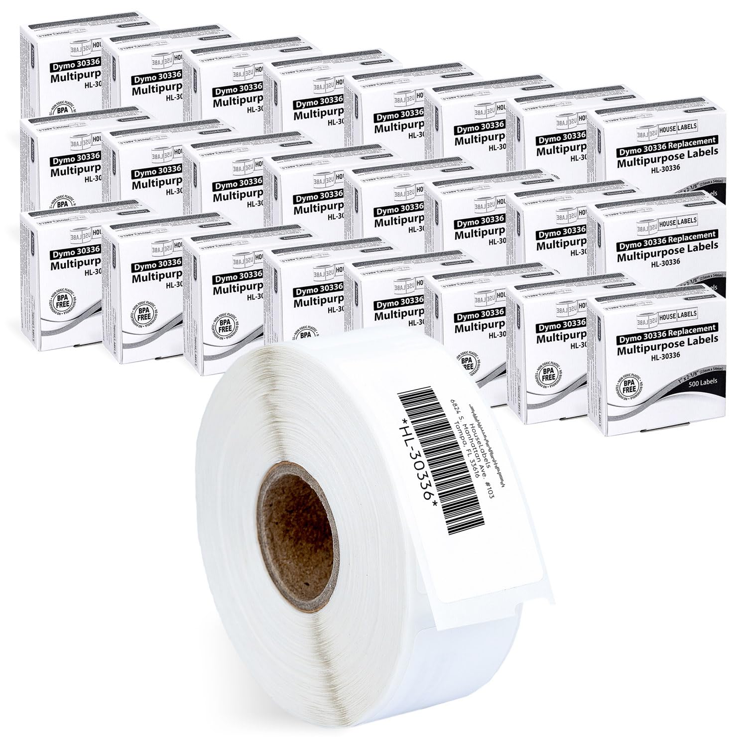 HOUSELABELS Etiquetas multiusos compatibles DYMO 30336 (1 x 2-1/8 pulgadas), fuerte adhesivo permanente, compatible con impresoras de escritorio DYMO LW 450, 4XL, Rollo y Zebra, 24 rollos/12000