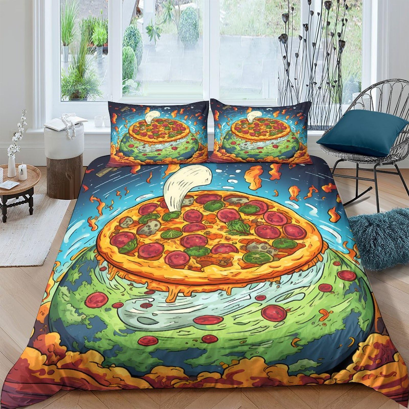 Ctjqhvkz Style-1 3D Printed Pizza Planet Fitted Sheet Microfiber Fun Food Art Bed Sheet For Bedroom Guest Room Dorm Mattress Cover Single（135X200cm）