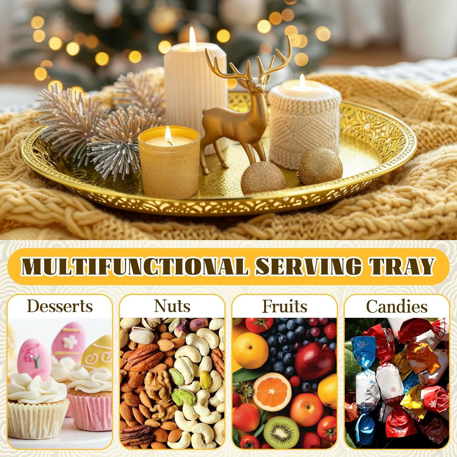 10 Pack Gold Plastic Serving Tray Bulk Lightweight Round Party Snack Serving Tray Reusable Decorative Food Appetizer Platter for Coffee Tea Dessert Fruit Wedding Party Buffet(14.2 Inches)