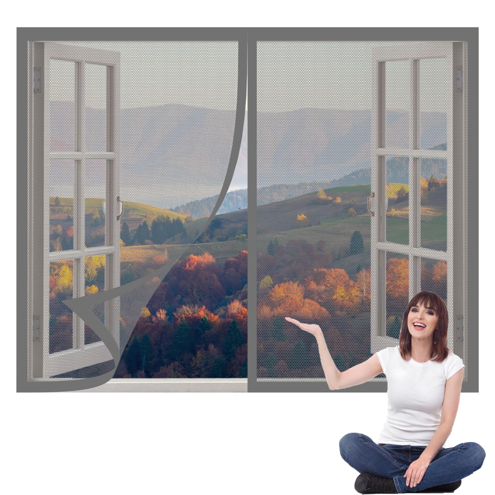 Fly Screens Windows 180 x 175 cm with Selfadhesive Mosquito Net for Window Excellent Ventilation While Blocking Bugs for Living Room Bedroom Offfice, Grey