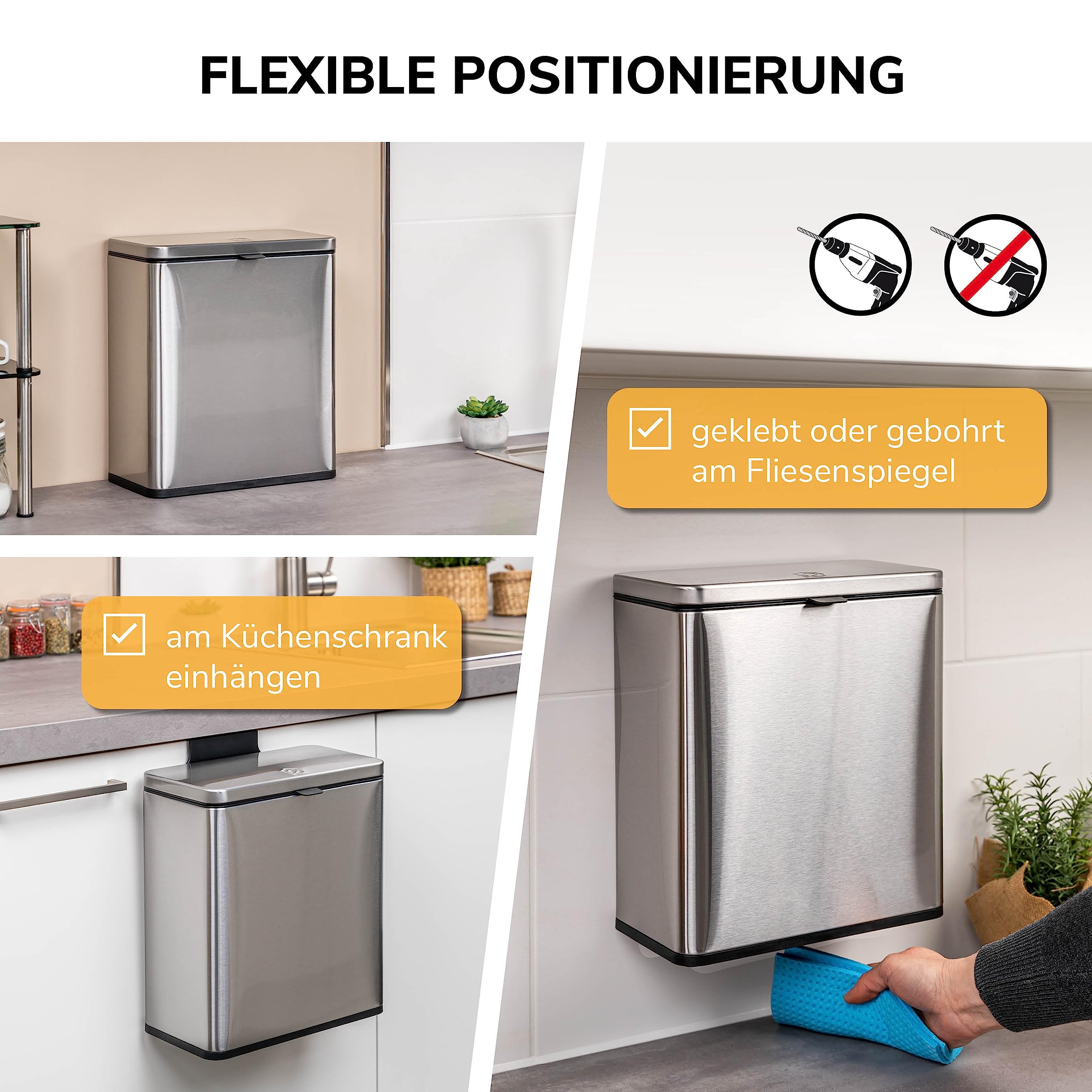 eluno Biologische afvalemmer 6 l met geurfilter, om op te hangen, neer te zetten of te lijmen, compostemmer, 3 montagemethoden (wit