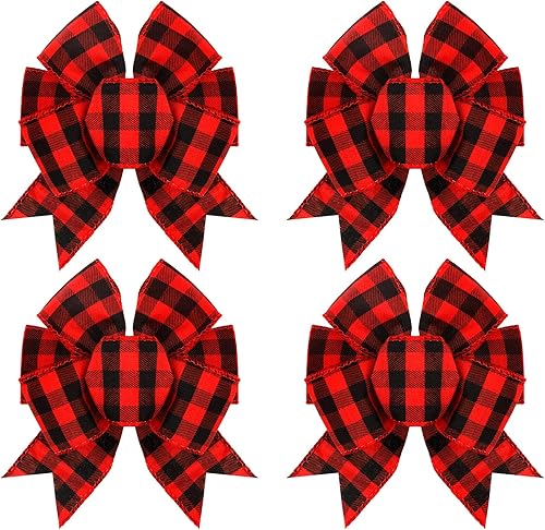 4 lazos de Navidad a cuadros de búfalo para corona lazos de guingán lazos decorativos para árbol de Navidad fiestas de cumpleaños decoración de boda