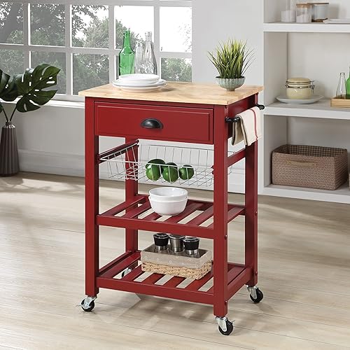 Miniatura 7 de OSP Home Furnishings Hampton - Carrito de cocina con parte superior de madera, cajón para utensilios, cesta debajo del gabinete y 2 estantes de