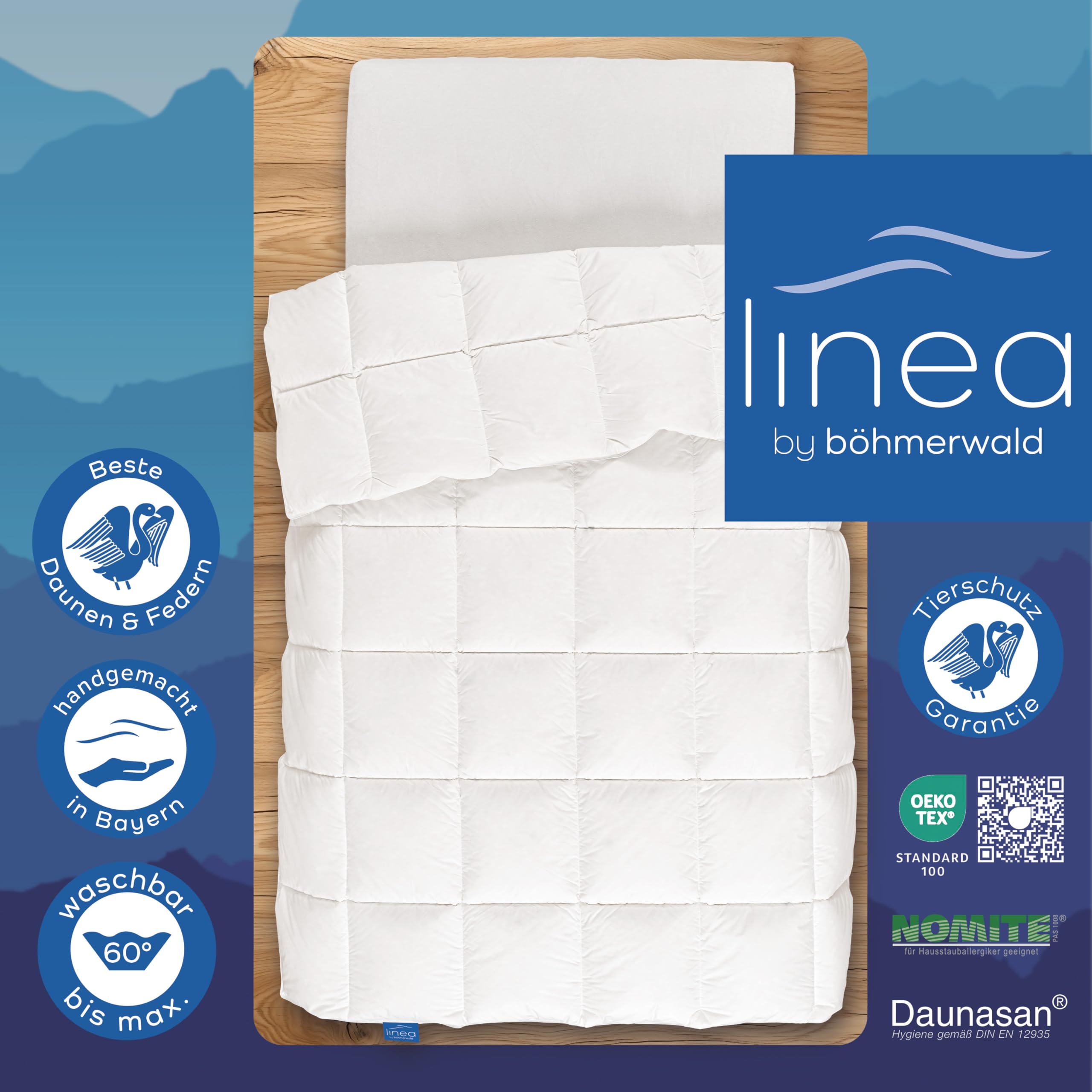 LINEA by böhmerwald - comfort - kuschlige Daunendecke normal, 135x200, 90% Daunen / 10% Federn Klasse 1, Allergiker geeignet, waschbar bis 60 °C, in Deutschland produziert