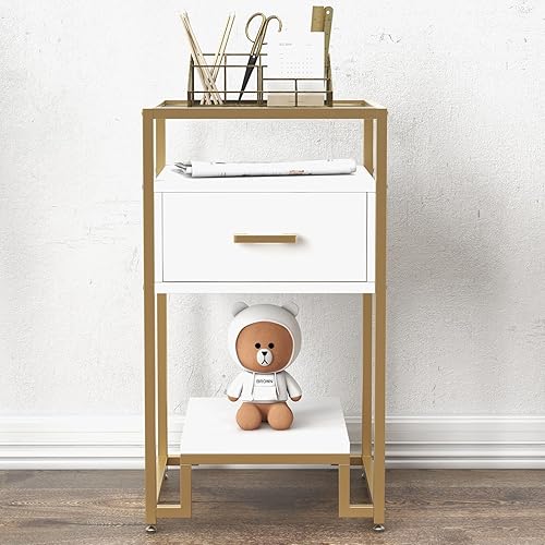 Miniatura 4 de Juego de 2 mesitas de noche blancas y doradas, mesa auxiliar moderna de mediados de siglo con almacenamiento de 3 niveles, parte superior de vidrio