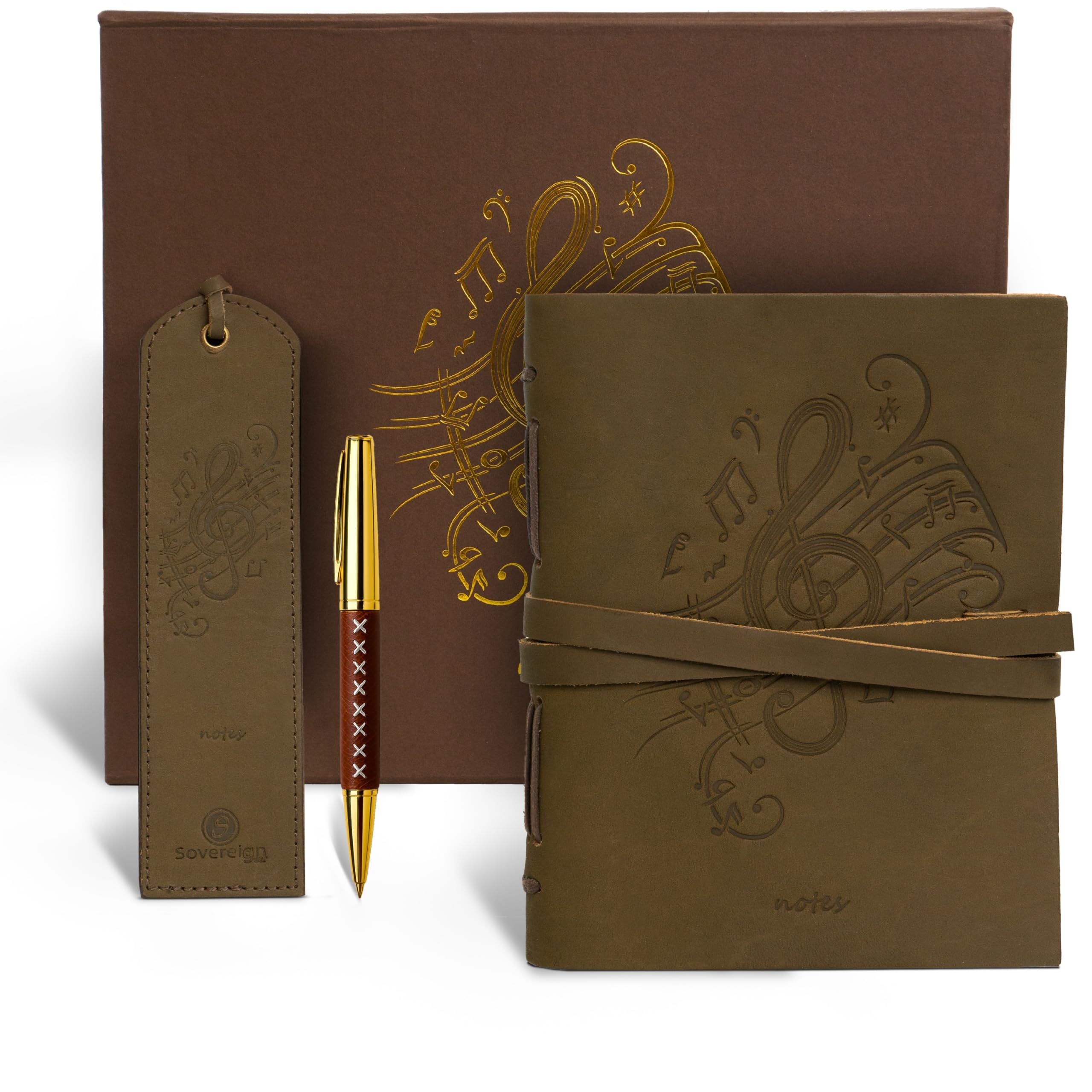 Leather Journal Embossed Music Gift Set + Antique Leather Bookmark + Pen, Handmade Writing Notebook 8x6 Inches Unlined Leather Bound Daily Notepad For Men For Women, Luxury Gift Box Diary for all ages