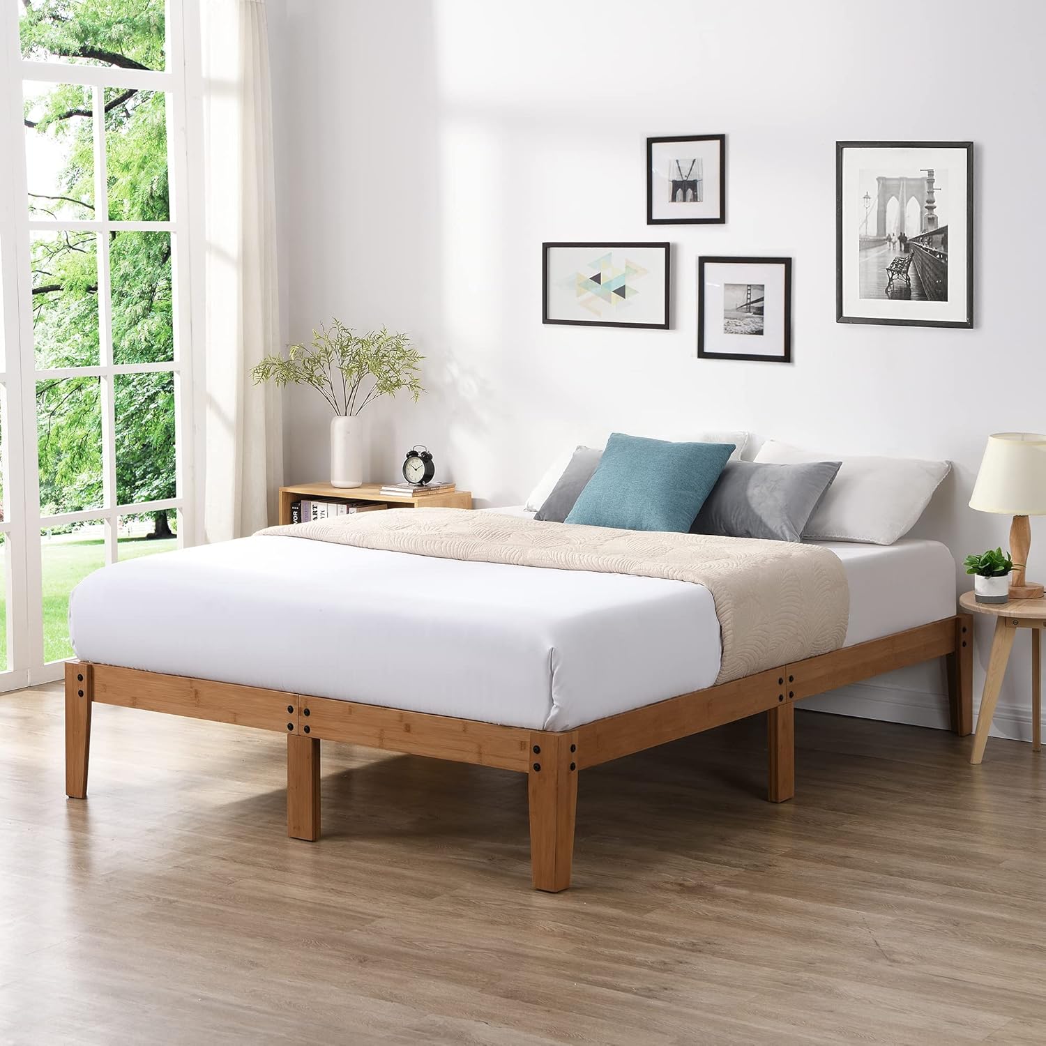 HW COMFORT 14 Inch Full Size Bamboo Wood Platform Bed Frame