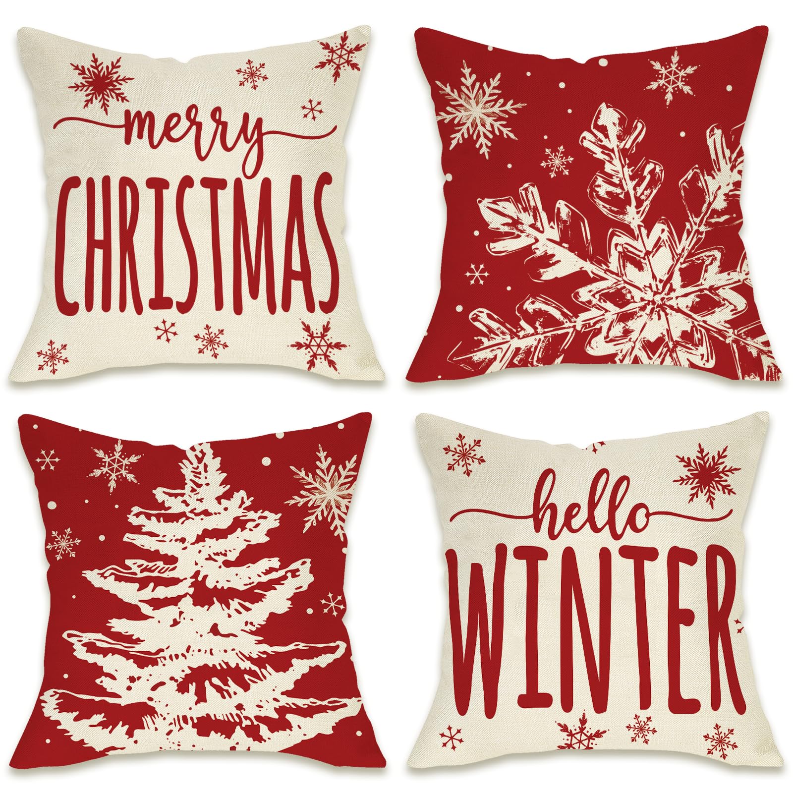 Fahrendom Merry Christmas Red Decorative Throw Pillow Covers 18 x 18 Set of 4 Xmas Tree Snowflake Porch