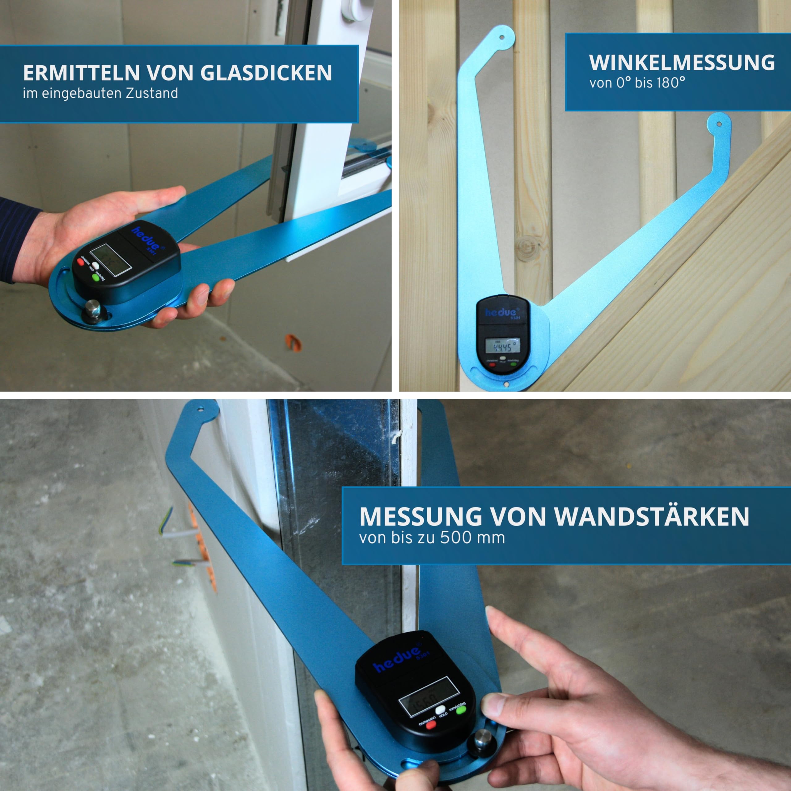 Digitale Messkluppe S301 - Kluppe als Wanddickenmessgerät, Dickenlehre, Glasdickenmesser digital und Winkelmesser in einem Gerät, digitaler Messchieber 500 mm