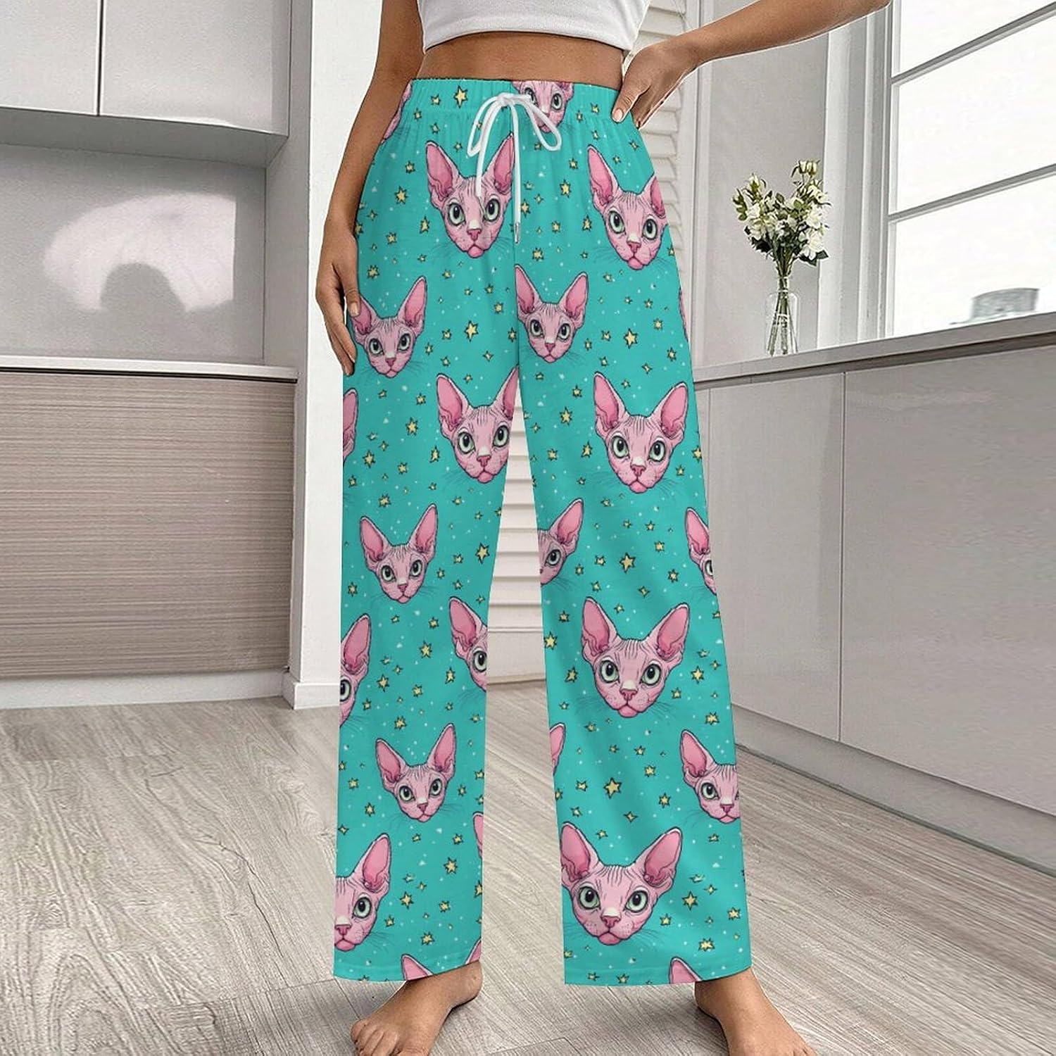 Sphynx Cat Face And Stars Women's Pajamas Pants Lounge Bottoms Trousers Sleepwear Nightwear Pjs