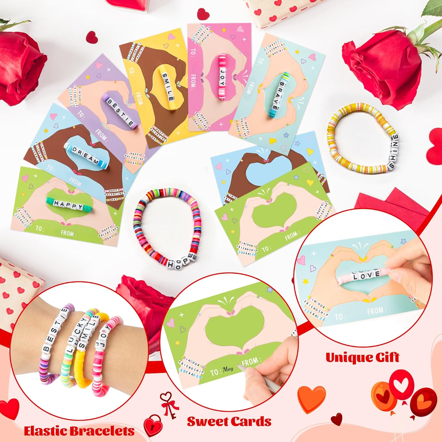 48 Pack Valentine’s Day Friendship Bracelets Card Gifts Set, Friendship Clay Beads Bracelet with Valentines Card Kids School Classroom Prizes Exchange Gift Valentines Party Favors Supplies