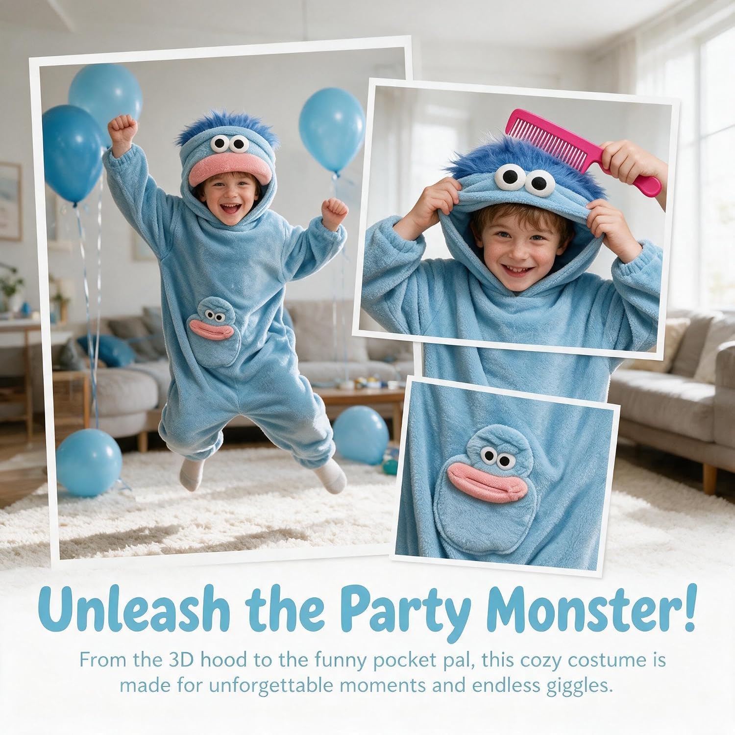 Big Mouth Monster Onesie kids with Giant Comb,Funny Plush One‑Piece Cosplay Costume