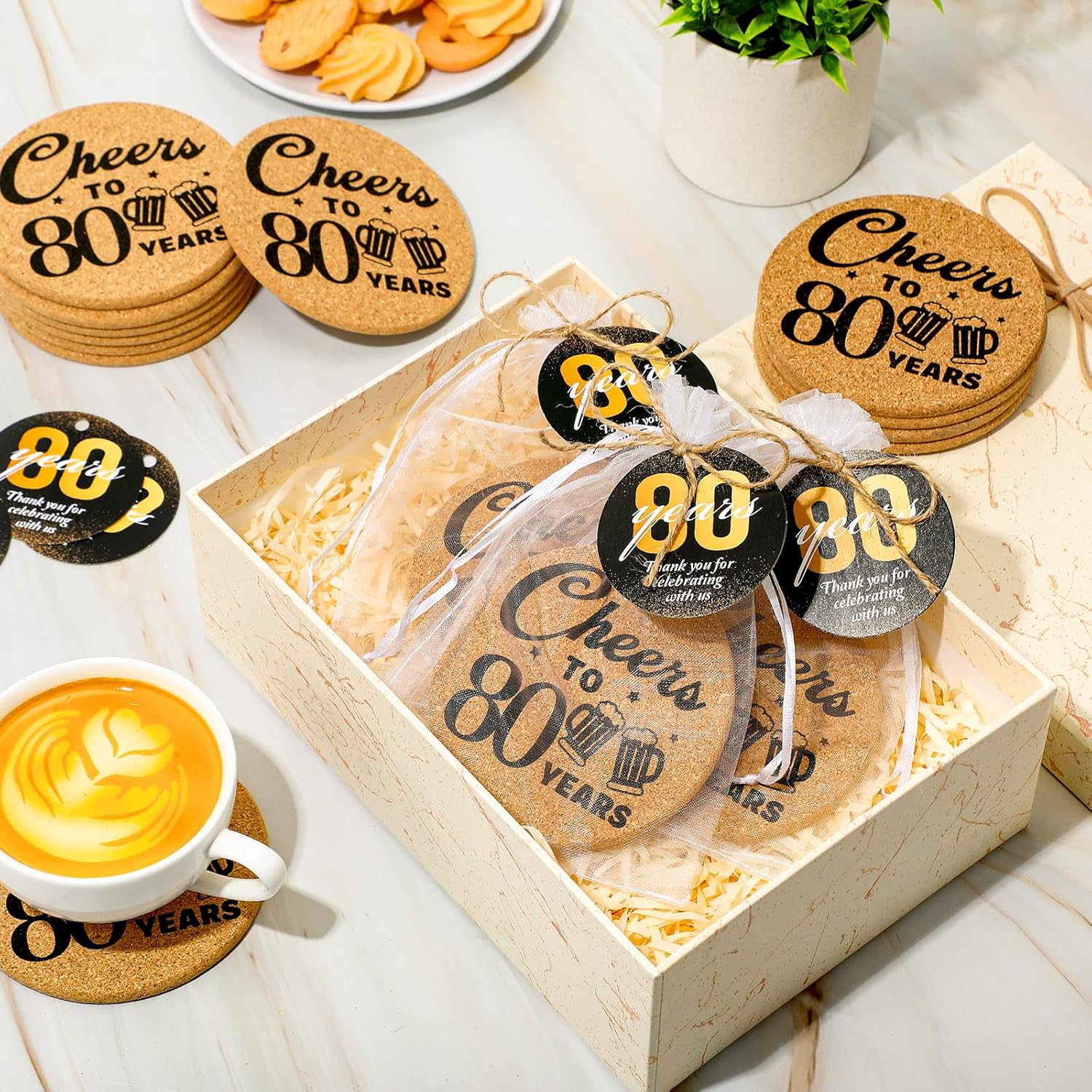 Sieral 50 Sets 80th Birthday Party Favors Cheers to 80 Years Cork Coaster Absorbent Cork Mat with Cards and Organza Gift Bags Birthday Anniversary Decoration Favors for Guests - Image 4