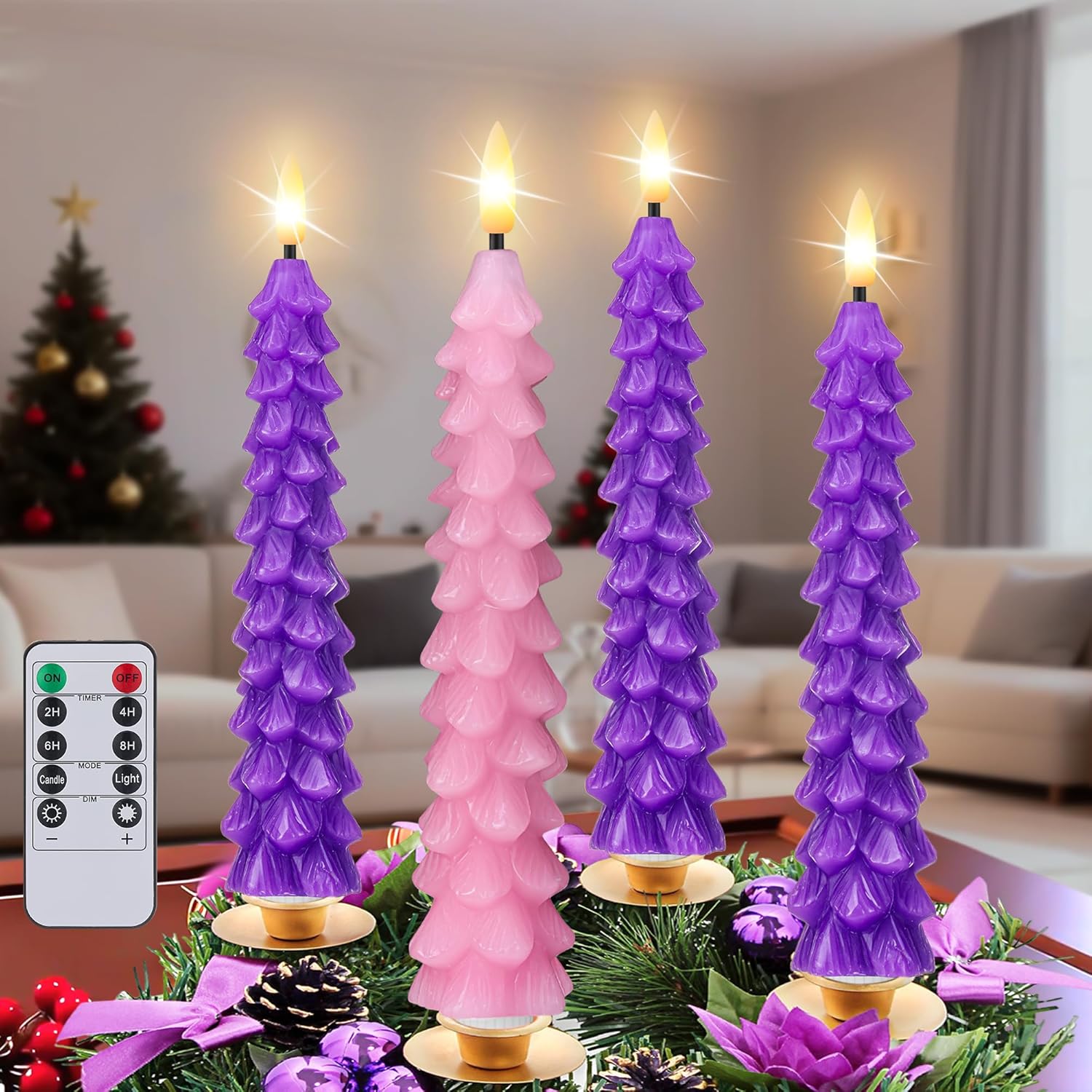 Enhon Flameless Advent Candles Set of 4, 10” Real Wax LED Taper Candles for Advent Wreath, Realistic 3D Flames, Battery Operated, Remote Control, Flickering Candle for Christmas Church Celebration