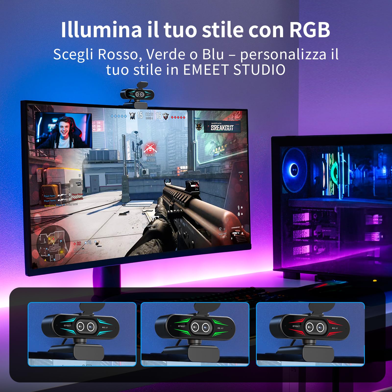 EMEET Webcam 4K con doppia fotocamera, con Obiettivi Grandangolari e Telefoto, Zoom Ibrido fino a 11X e Autofocus PDAF, Telecomando, Illuminazione RGB, 2 Microfoni, Ideale per Live Streaming