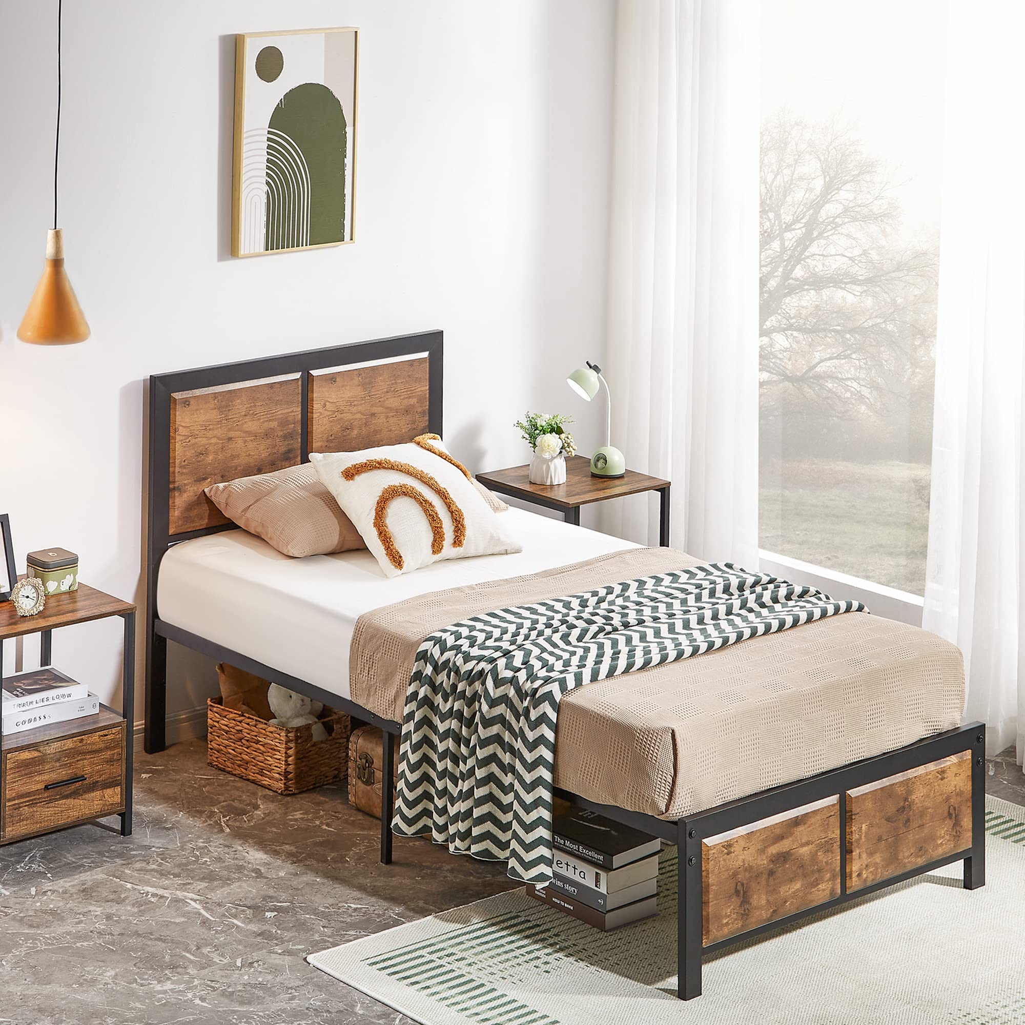 VECELO Twin Platform Bed Frame/Mattress Foundation & Modern Versatile Nightstands X-Design Side End Table-5 Night Stand Storage Shelf, 15.8 in x 11.8in x 21.7 in, Brown+Black