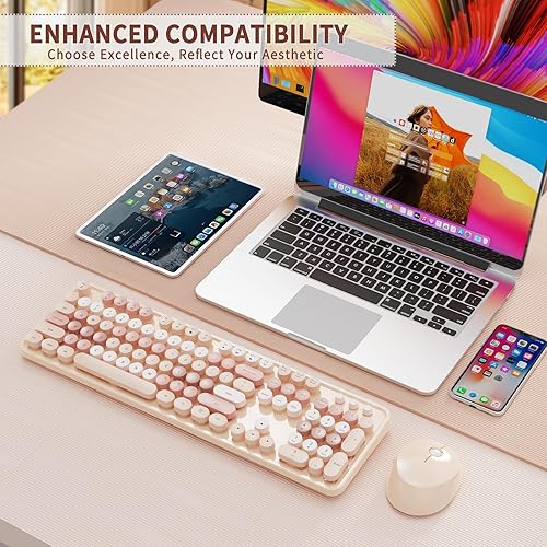 Miniatura 7 de HotFox Combo de teclado y mouse inalámbricos, teclado retro de tamaño completo con teclas redondas, diseño ergonómico para PC con Windows, uso