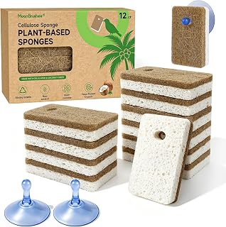 12 Pack Kitchen Sponges with 2 Suction Cup Holders, Natural Cellulose & Coconut Dish Sponge, Biodegradable Eco Friendly Kitchen Sponge, Non Scratch Sponges for Washing Dishes