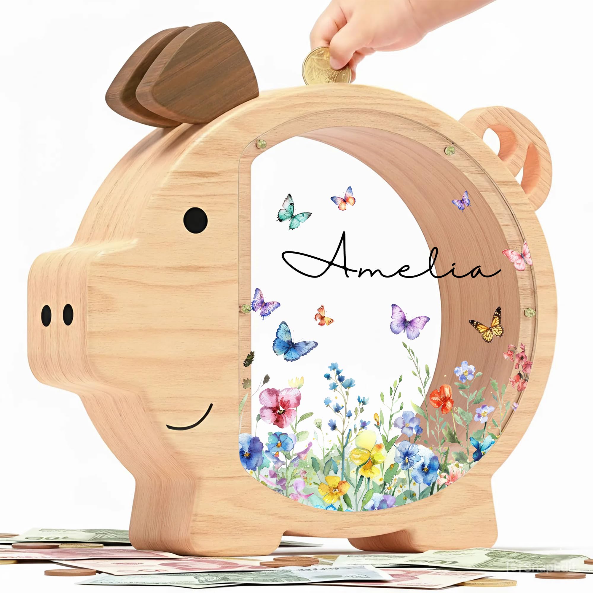 Personalized Piggy Bank, Wooden Money Banks for Kids, Custom Gifts for Boys and Girls, Personalized Piggy Bank for Girls (DK05 Wildflower)