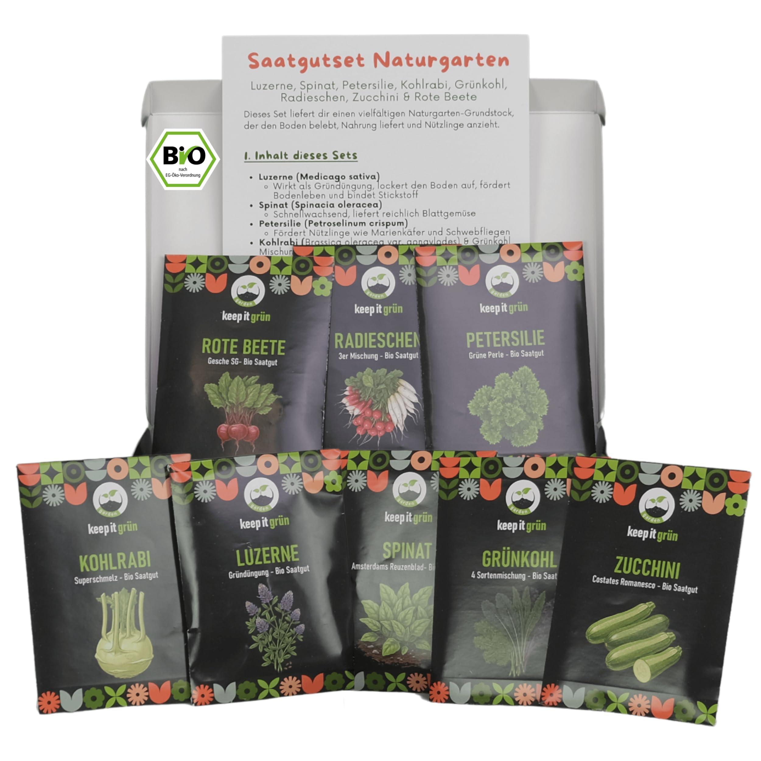 Juego de semillas 'Jardín Naturgarten' - Semillas orgánicas - Fiesta de semillas - elección perfecta - Col rizada, colinabo, alfalfa, perejil, rábano, remolacha, espinacas y calabacín