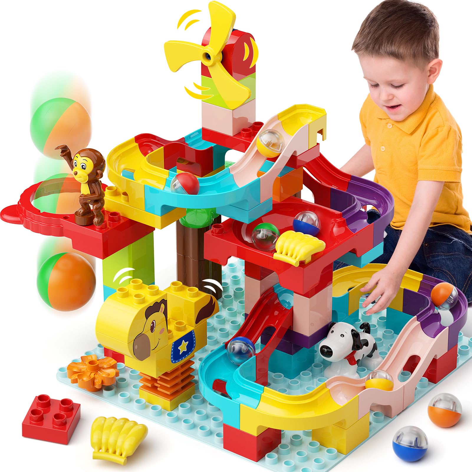 burgkidz Marble Run Building Blocks with Animal Figures and Ball Shooting, 88 Pcs Marble Race Tracks Kids Construction Toys Building Bricks Set, Educational Gift for 3+ Years Boys and Girls
