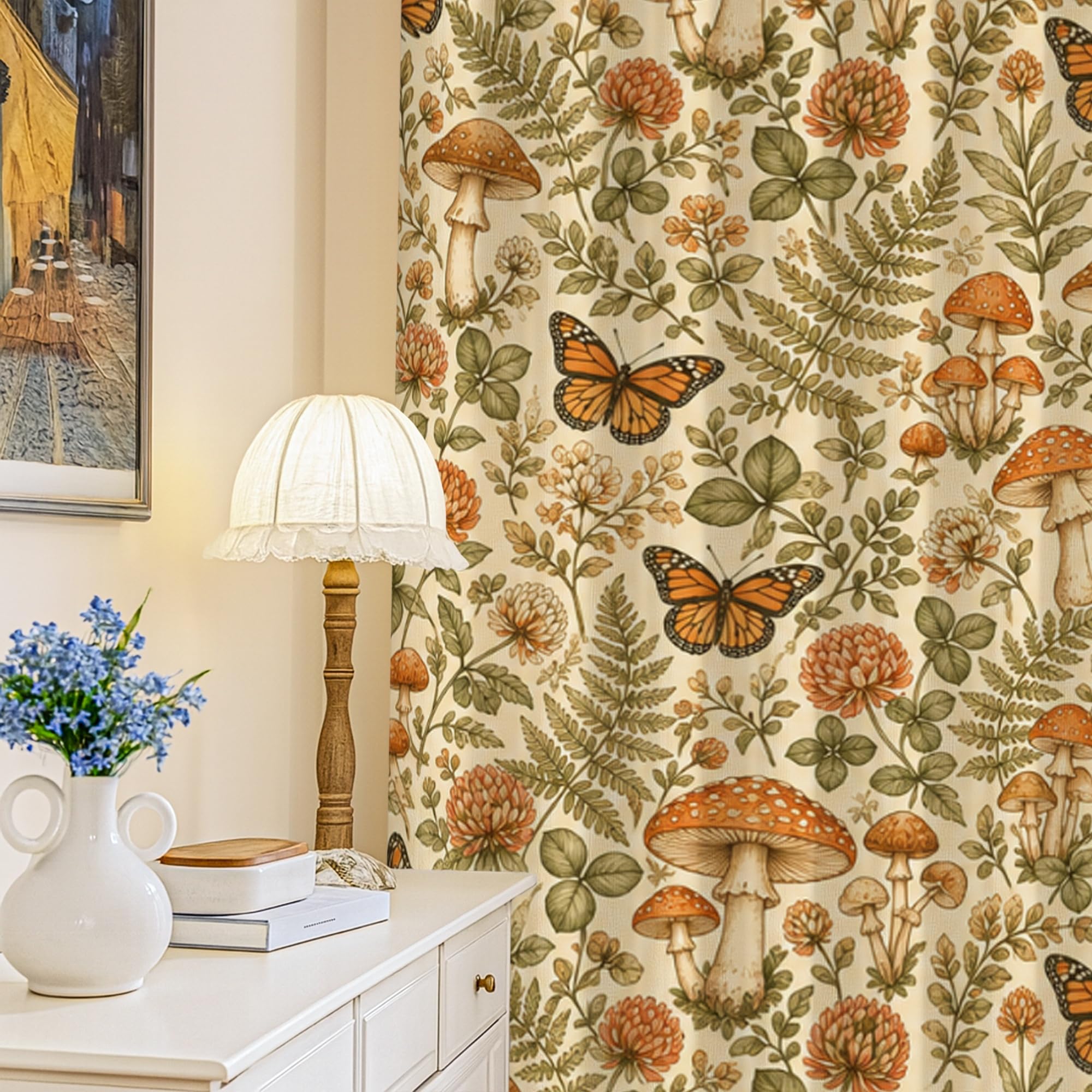 Rideaux occultants champignons motif fougère orange lavables pour appartement