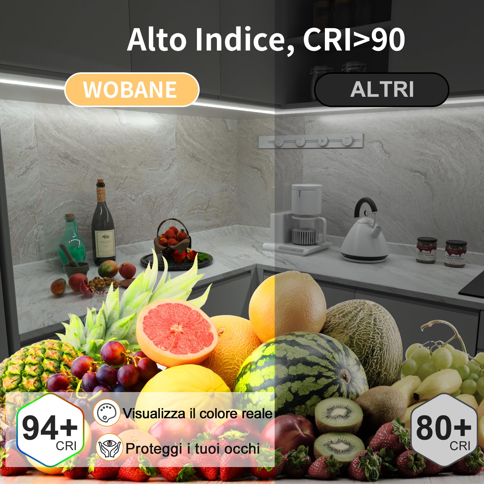 WOBANE Striscia Led COB 3 Metri 12V, Strisce Led Adesive con Telecomando Dimmerabile, CRI90+, Striscia Led Alta Luminosità con Spina per Cucina Sottopensile,Armadietti,Vetrine, Bianco Freddo 6000K